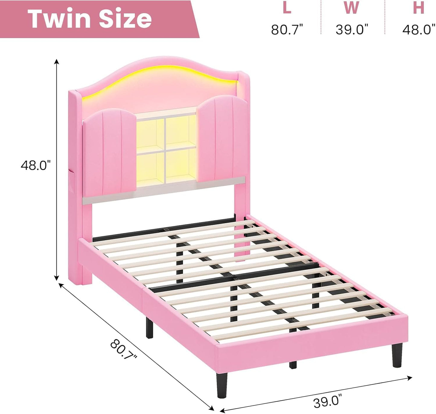 HAUOMS Bed Frame Twin Size Bed Frame with LED Lights Pink
