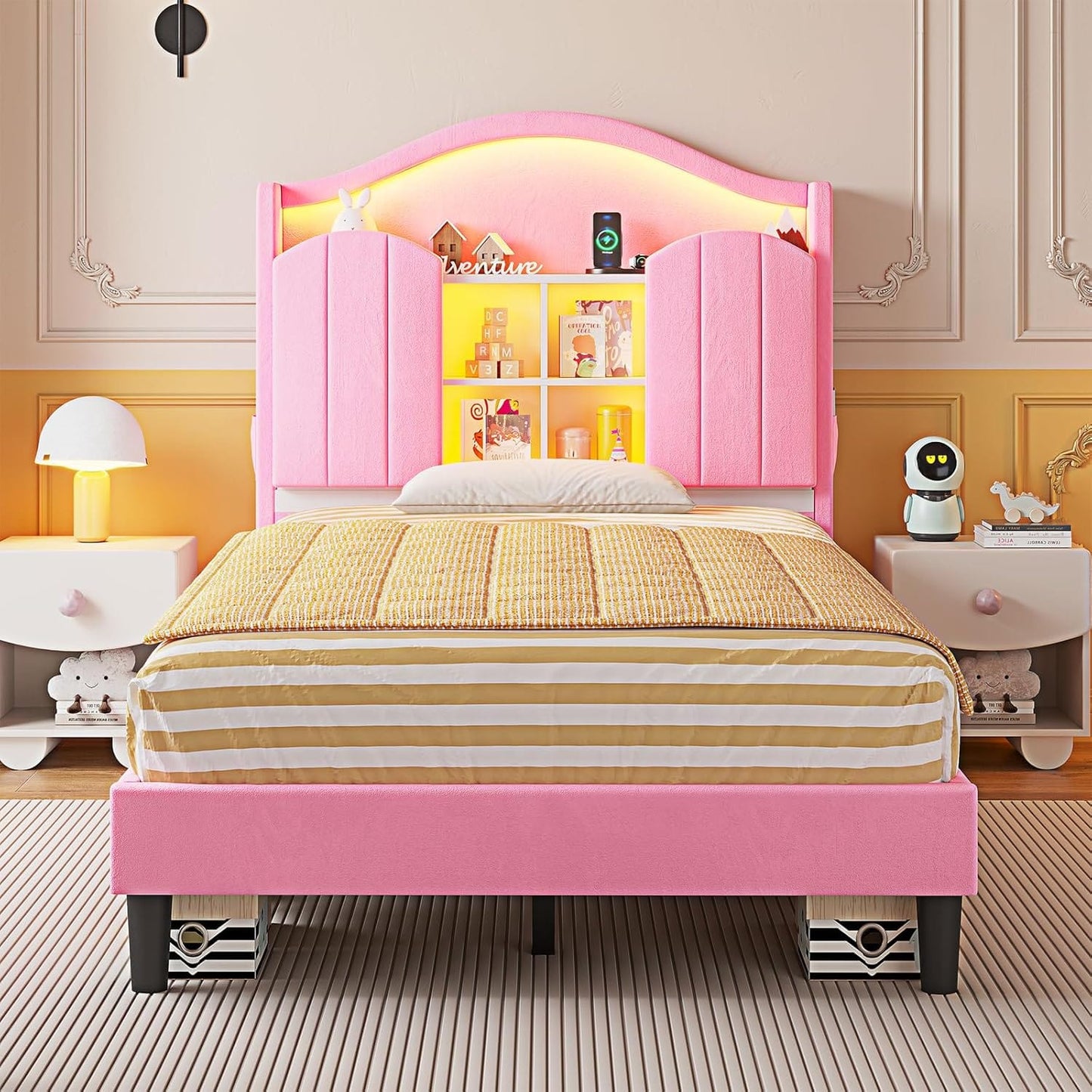 HAUOMS Bed Frame Twin Size Bed Frame with LED Lights Pink