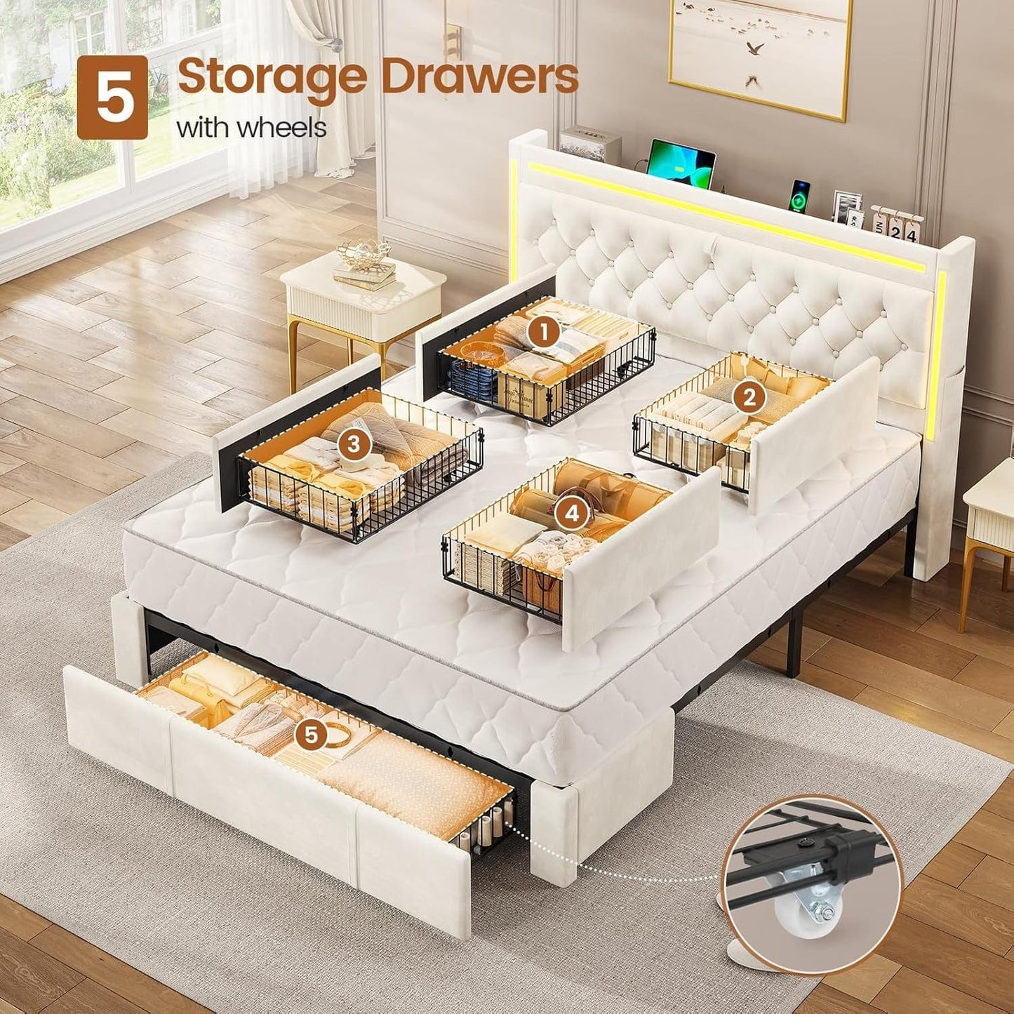HAUOMS Bed Frame Upholstered LED Bed Frame Beige