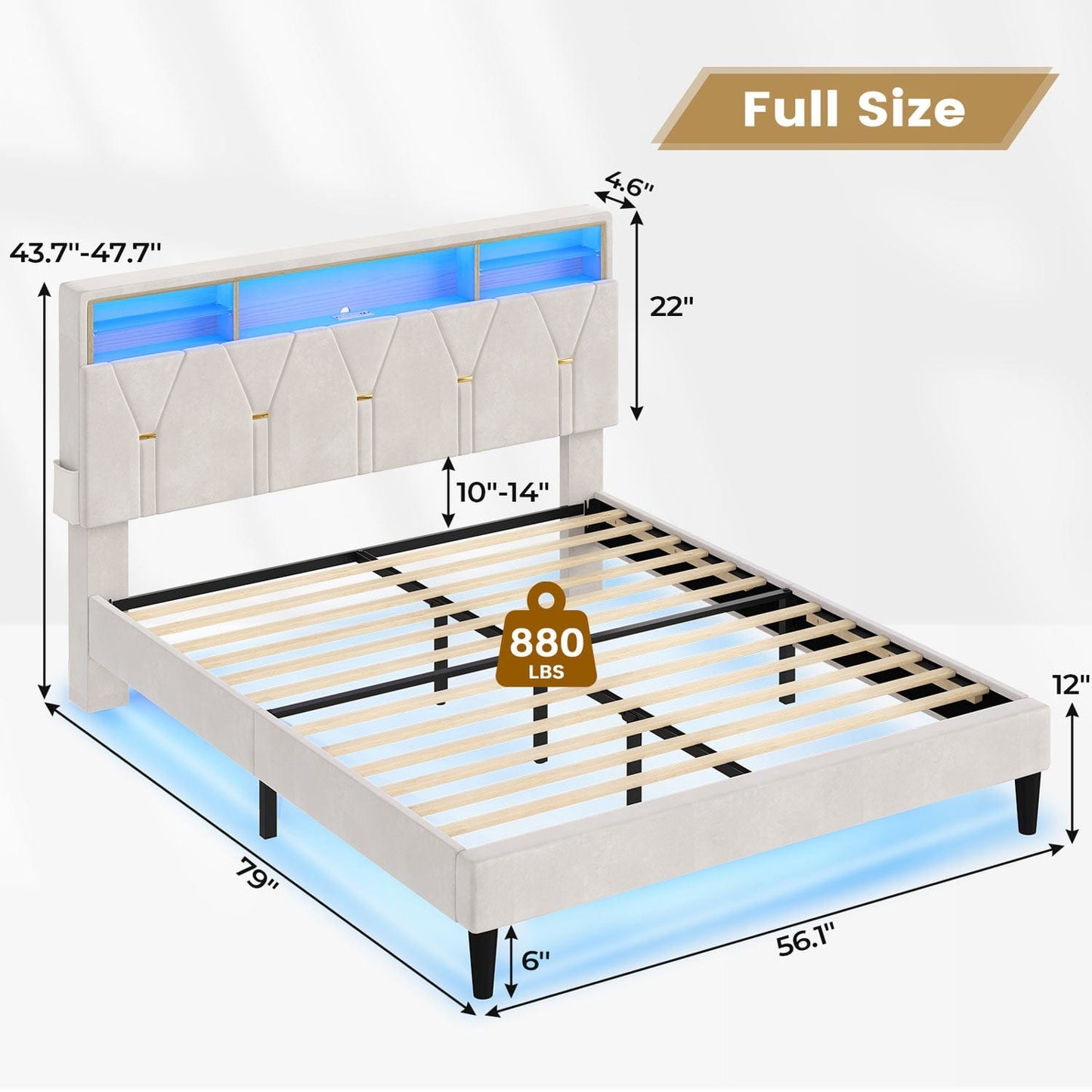 Hauoms Bed Frame Velvet Fabric LED Bed Frame White