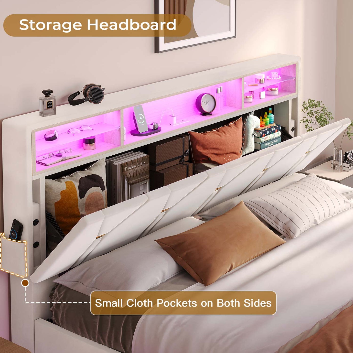 Hauoms Bed Frame Velvet Fabric LED Bed Frame White
