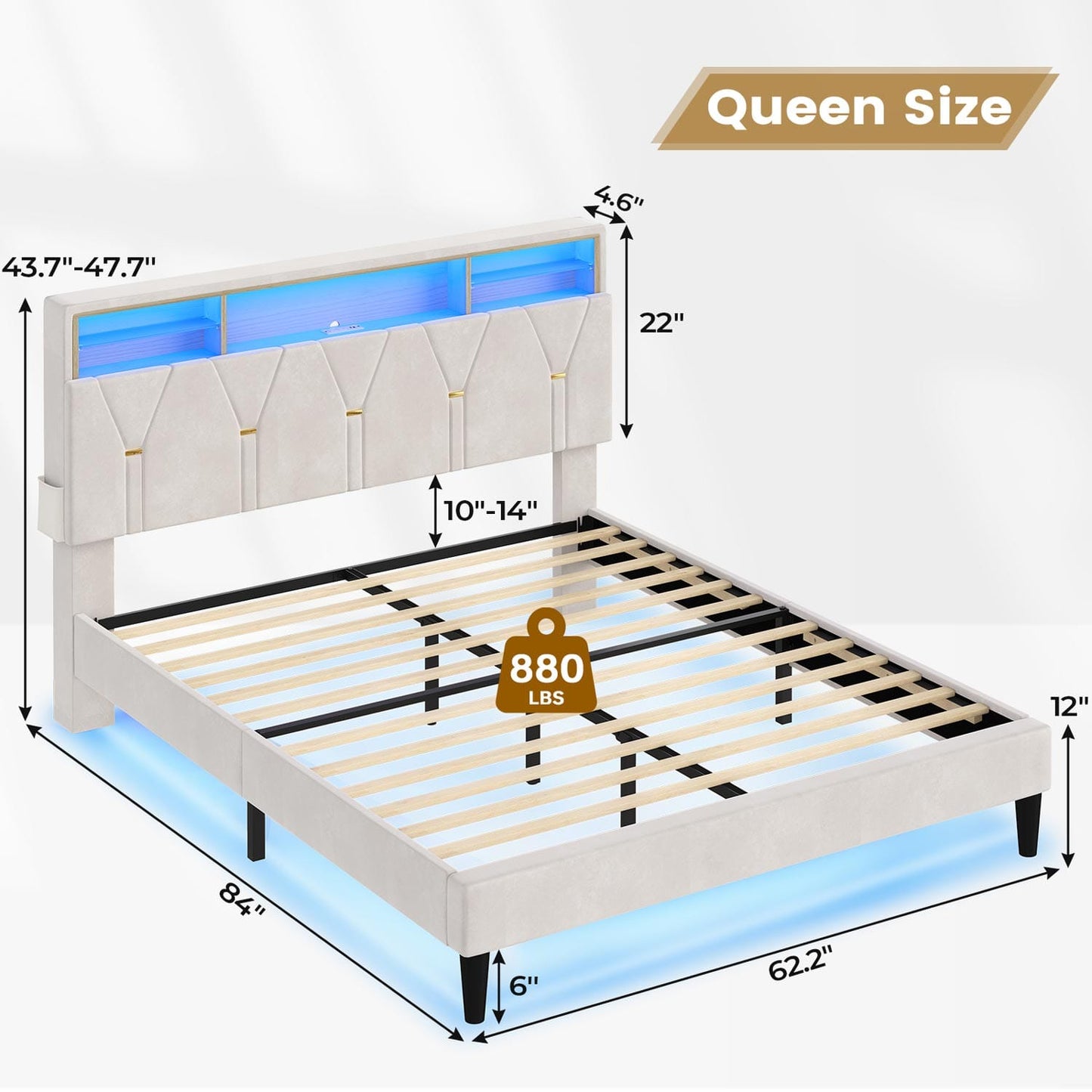 Hauoms Bed Frame Velvet Fabric LED Bed Frame White