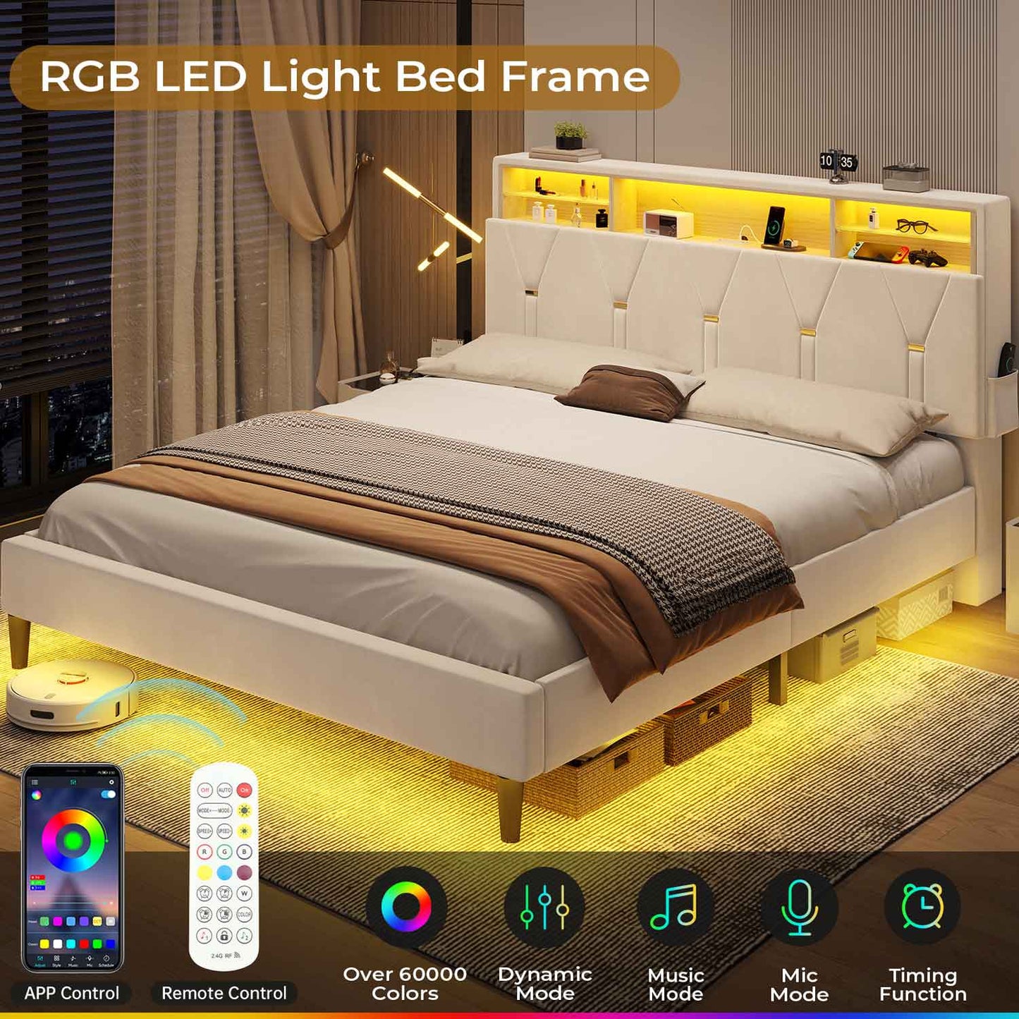 Hauoms Bed Frame Velvet Fabric LED Bed Frame White