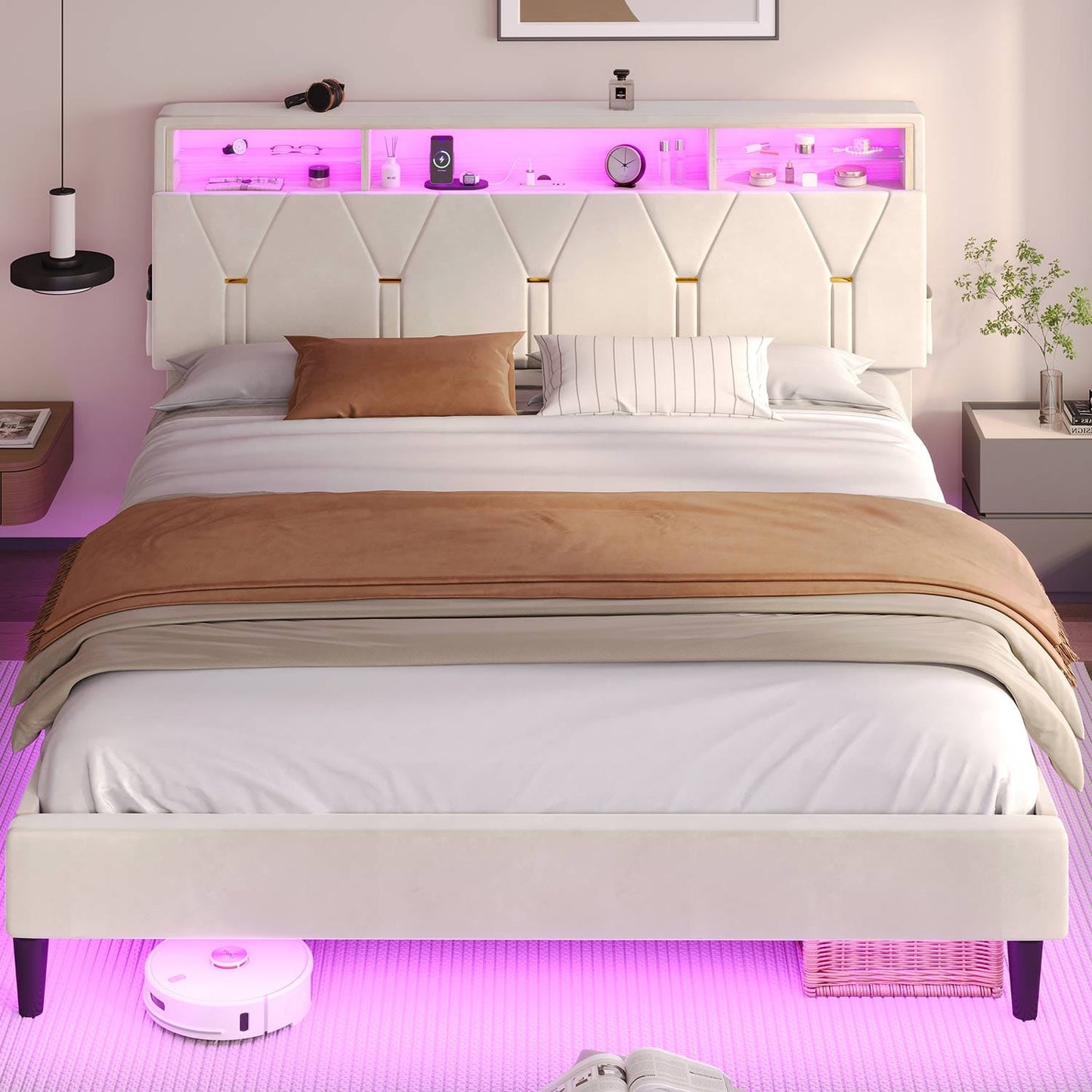 Hauoms Bed Frame Velvet Fabric LED Bed Frame White