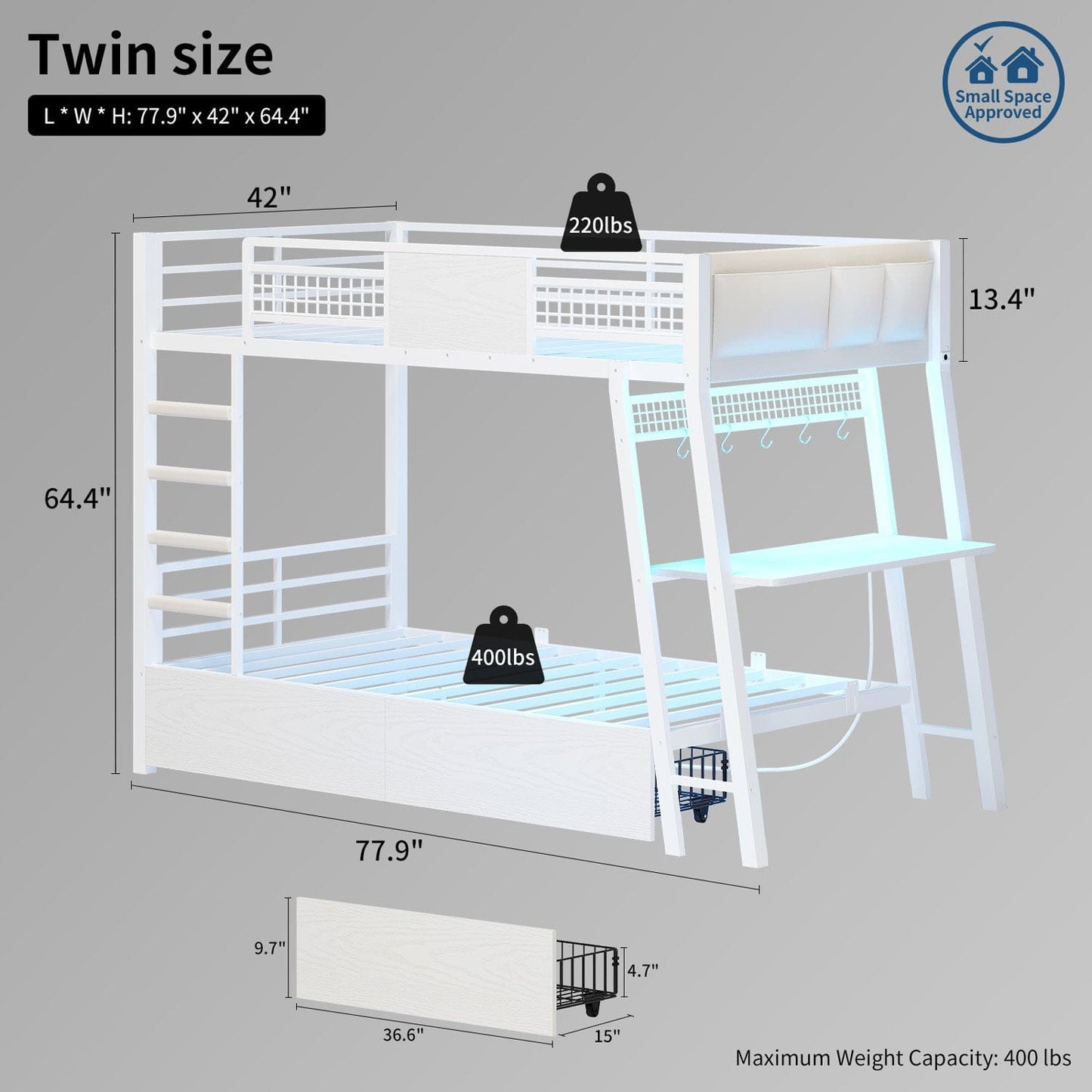 HAUOMS Bed Frame White LED Bunk Bed with Desk White