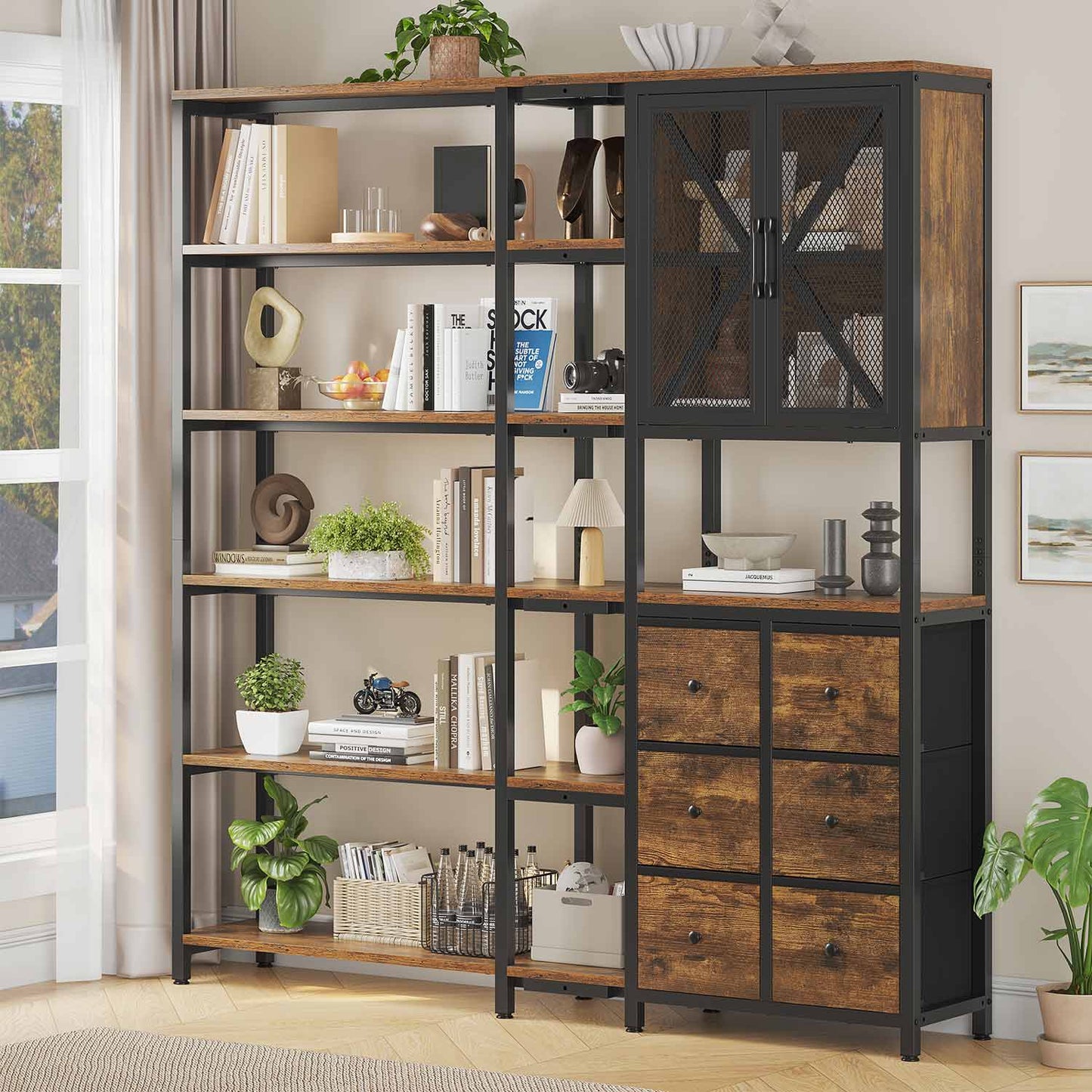 HAUOMS Corner Bookshelf Rustic Brown Corner Bookcase Large L Shaped Storage Display Shelf, Rustic Brown