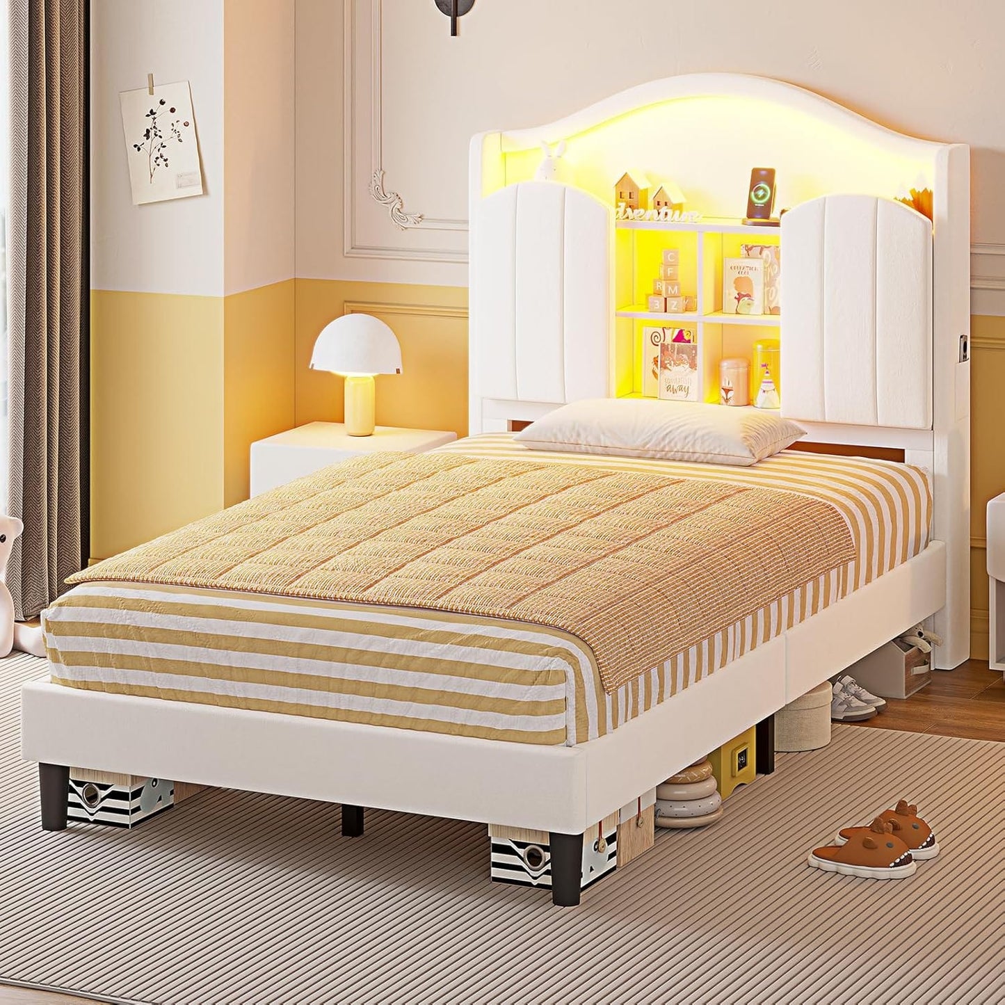 HAUOMS Creamy White Twin Size Bed Frame with LED Lights White