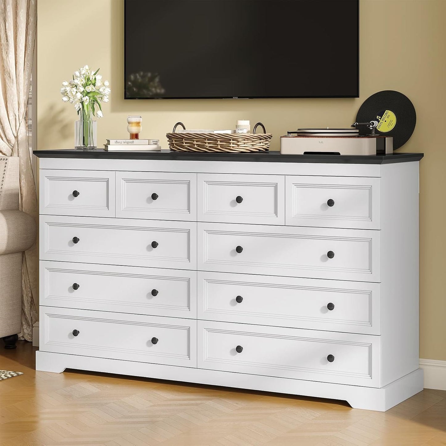 HAUOMS Dresser 10 Drawers Dresser Black & White