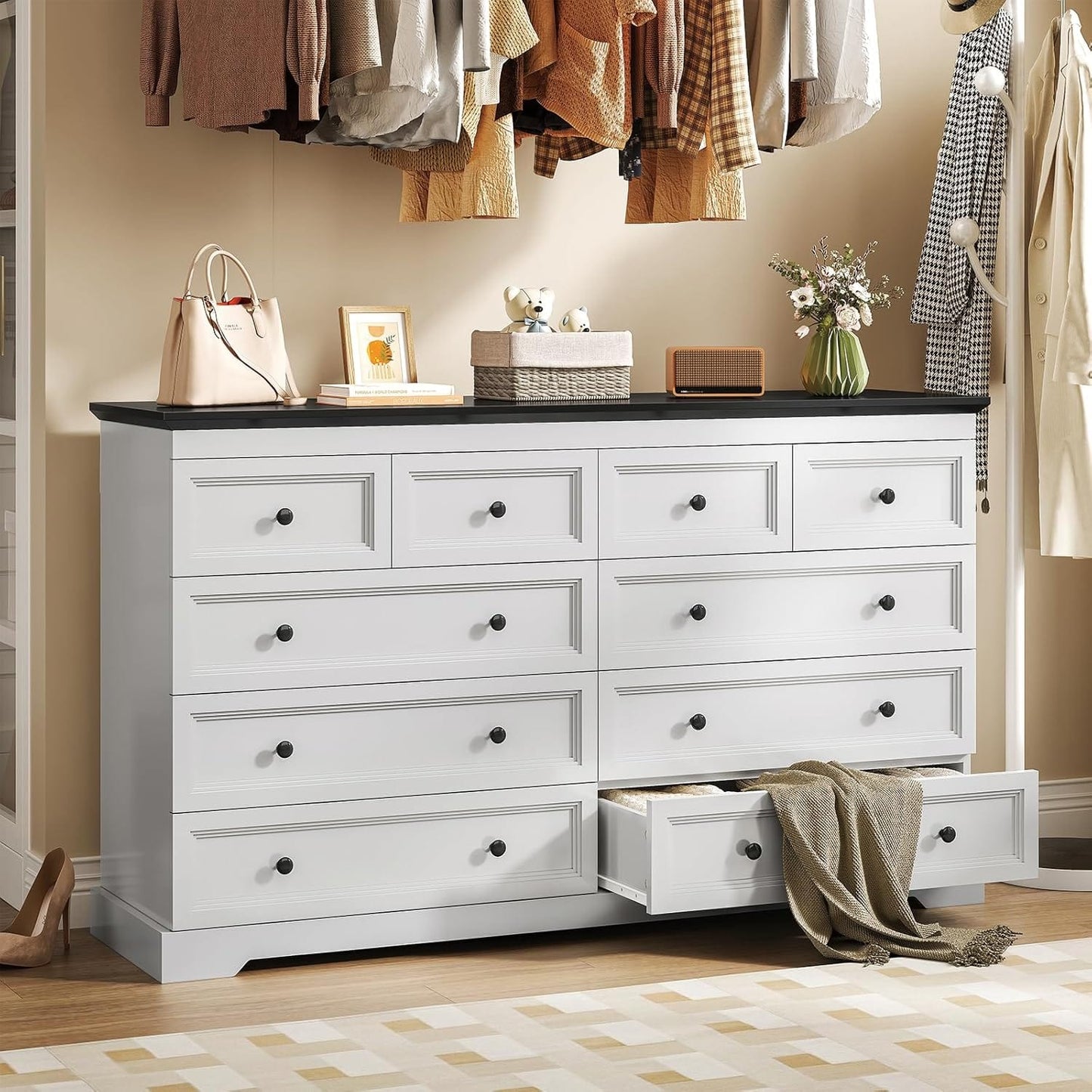 HAUOMS Dresser 10 Drawers Dresser Black & White