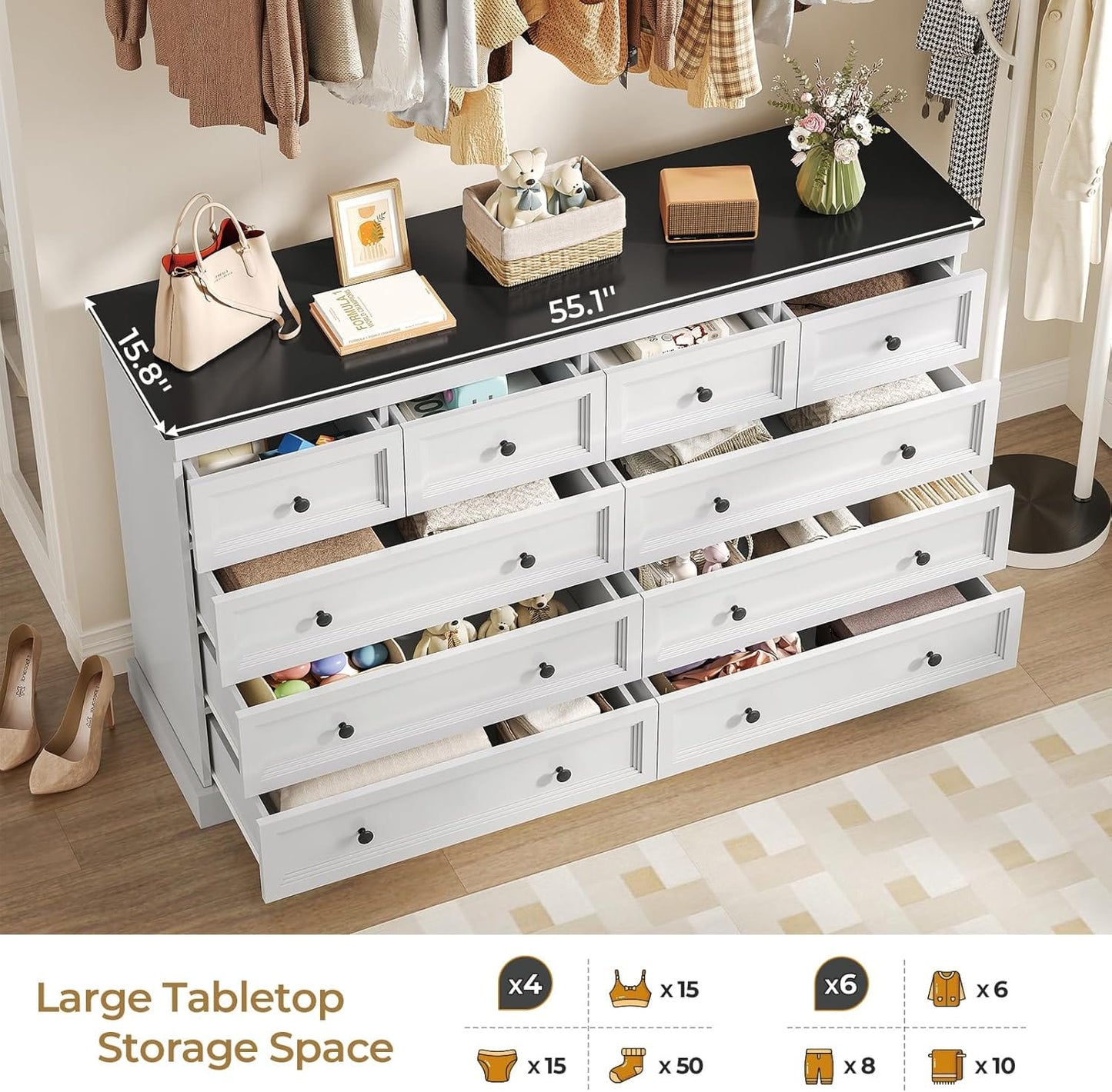 HAUOMS Dresser 10 Drawers Dresser Black & White