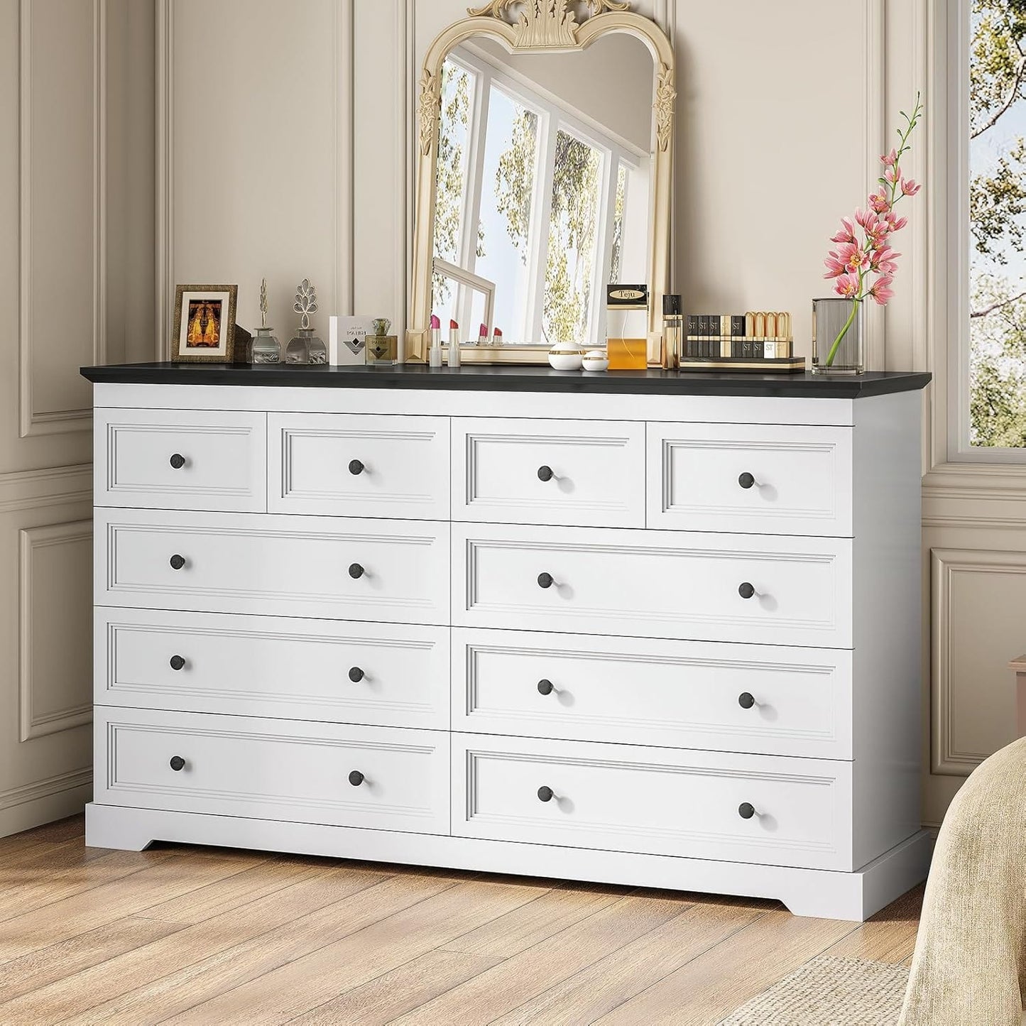 HAUOMS Dresser 10 Drawers Dresser Black & White