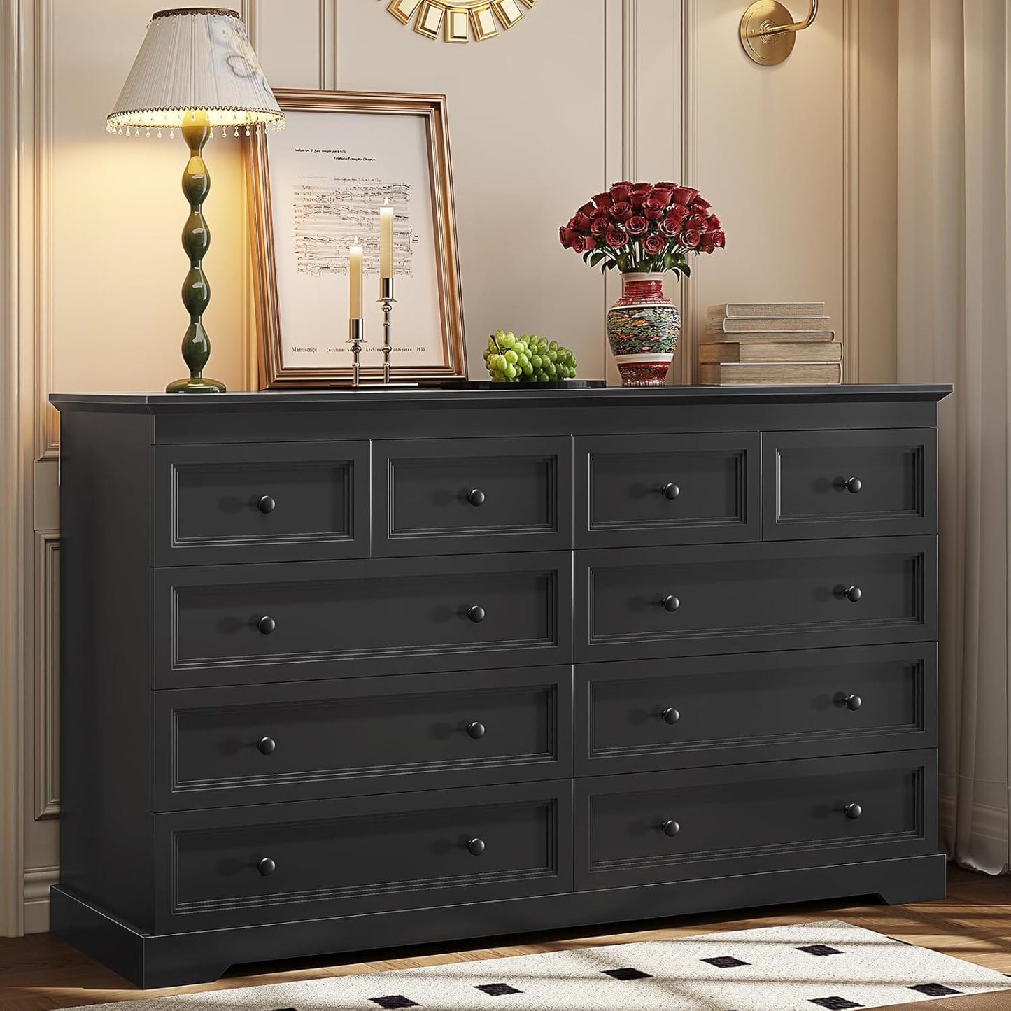 HAUOMS Dresser Black 10 Drawers Dresser Black