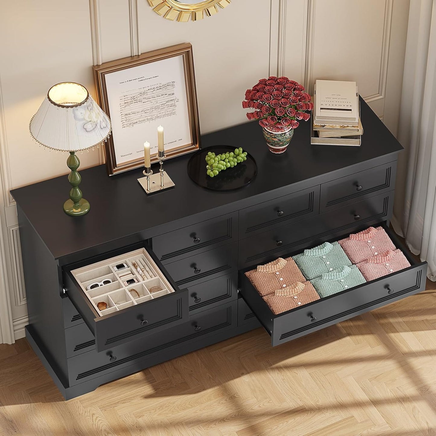 HAUOMS Dresser Black 10 Drawers Dresser Black