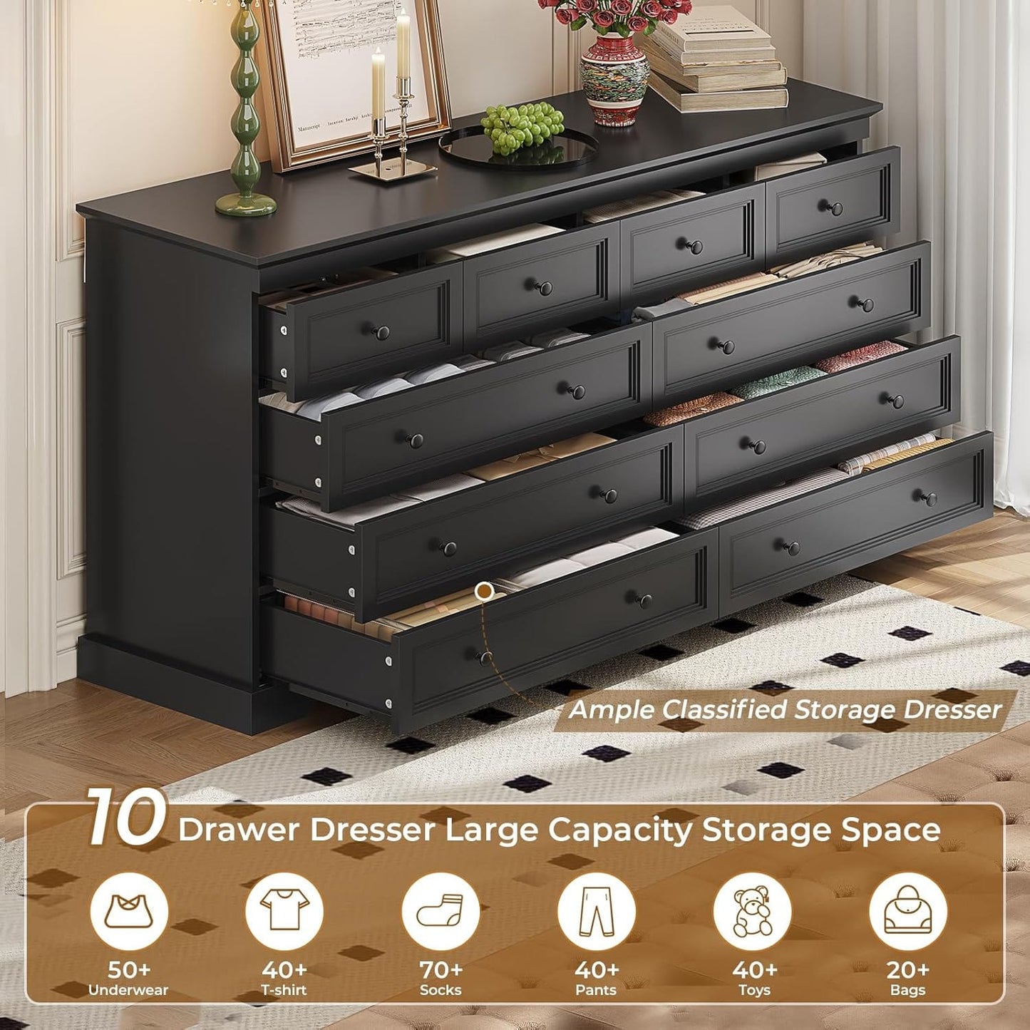 HAUOMS Dresser Black 10 Drawers Dresser Black
