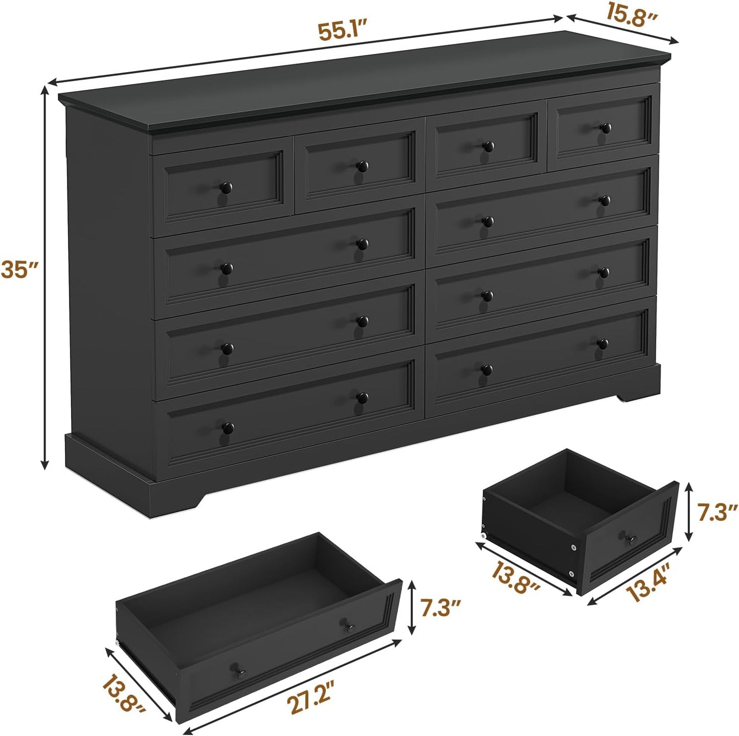 HAUOMS Dresser Black 10 Drawers Dresser Black