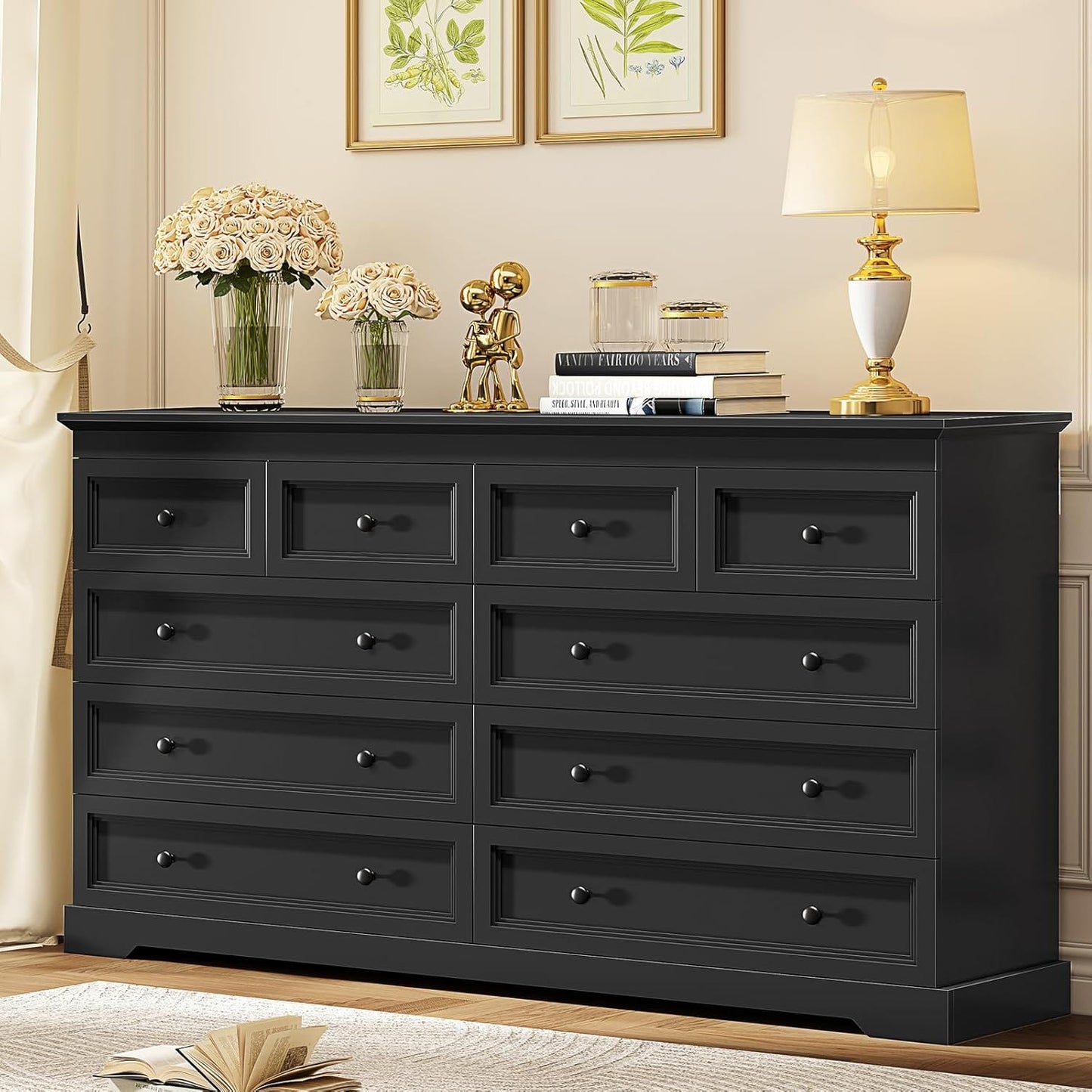 HAUOMS Dresser Black 10 Drawers Dresser Black