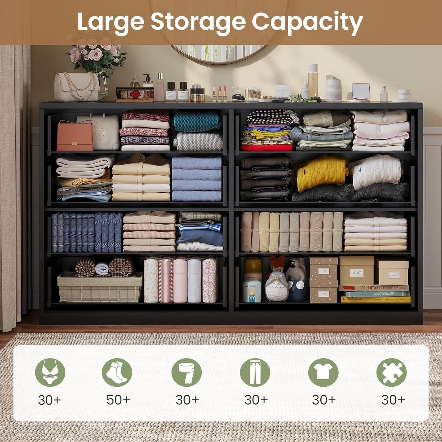 HAUOMS Dresser Black 8 Drawers Dresser Black