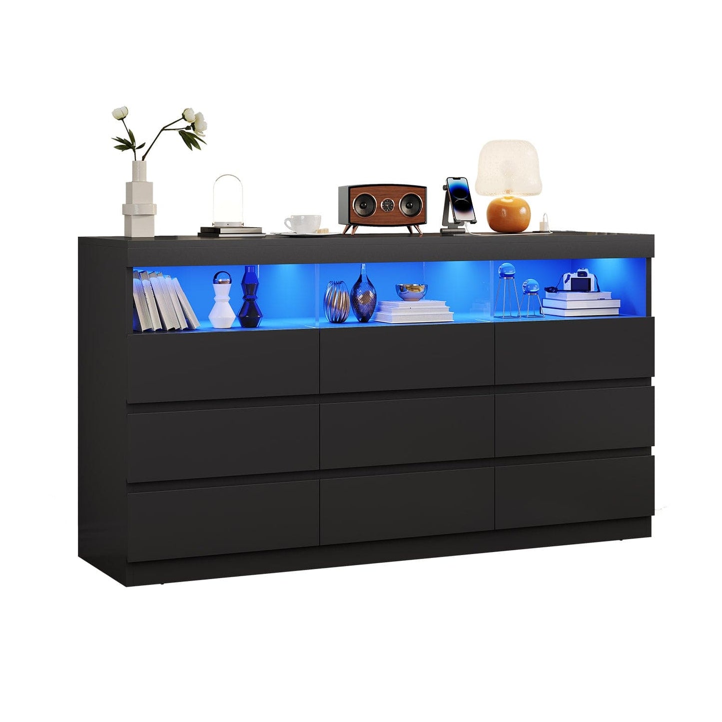 HAUOMS Dresser Black / Engineered Wood / Modern HAUOMS LED 9 Drawers Dresser Black