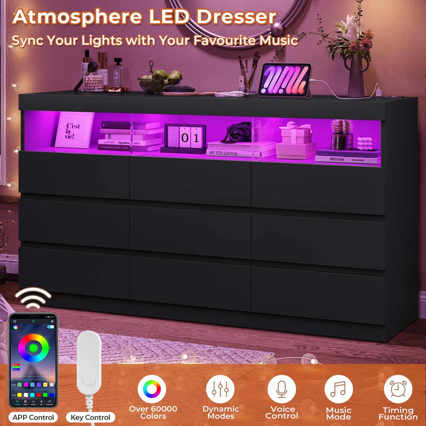 Hauoms Dresser Black / Engineered Wood / Modern LED Black Dresser