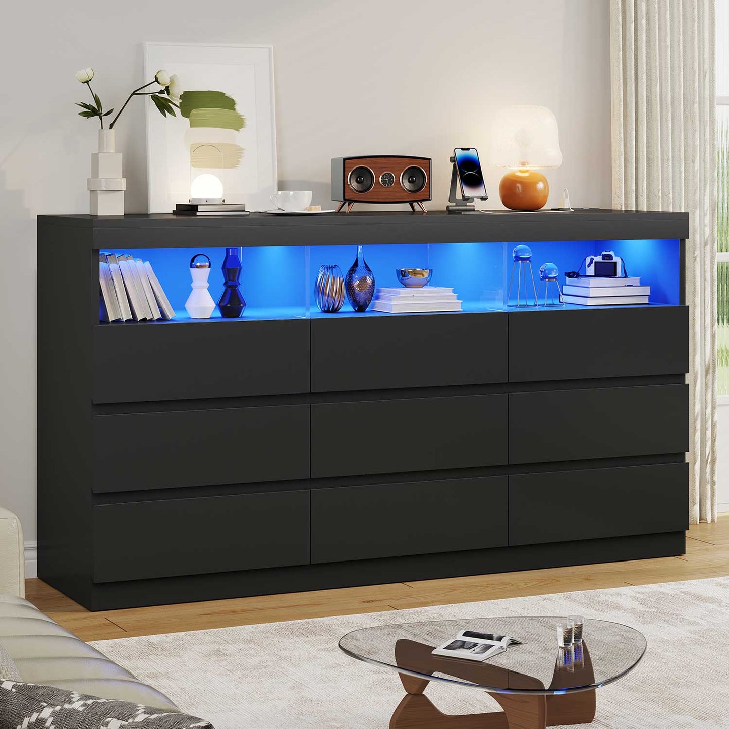 Hauoms Dresser Black / Engineered Wood / Modern LED Black Dresser