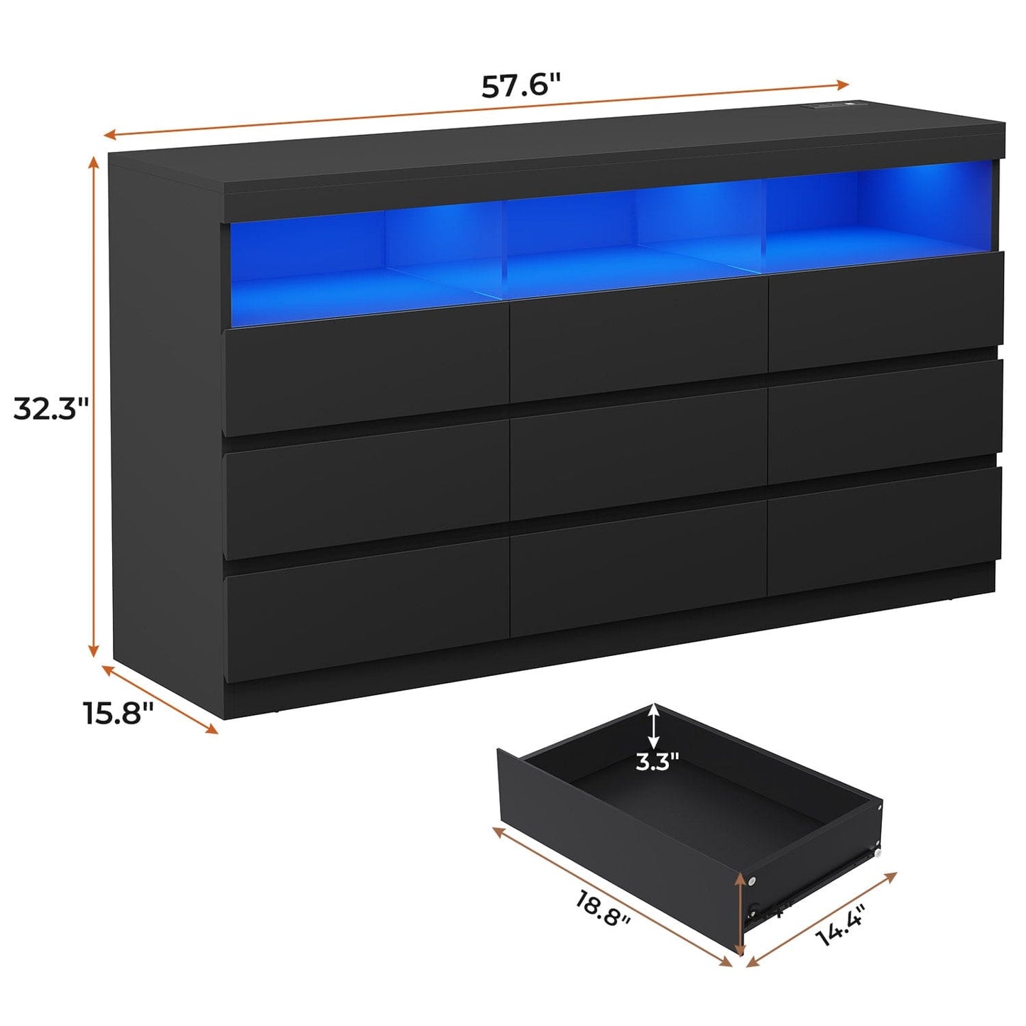 Hauoms Dresser Black / Engineered Wood / Modern LED Black Dresser