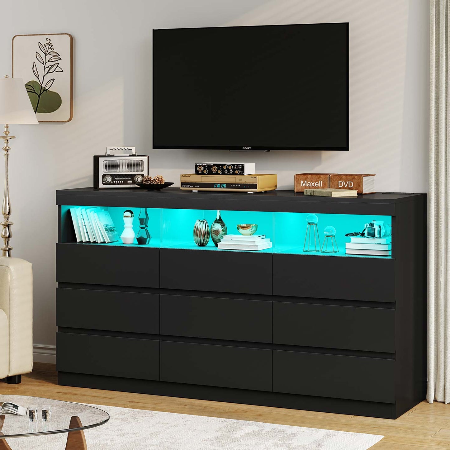 Hauoms Dresser Black / Engineered Wood / Modern LED Black Dresser