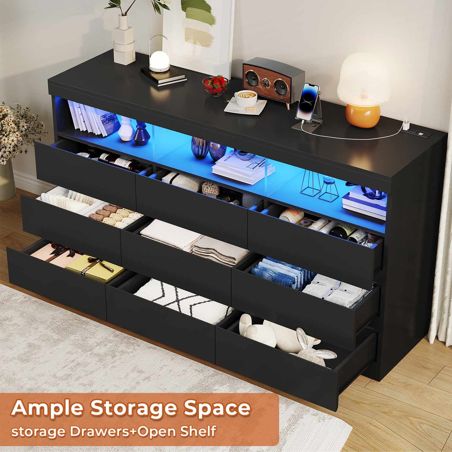 Hauoms Dresser Black / Engineered Wood / Modern LED Black Dresser