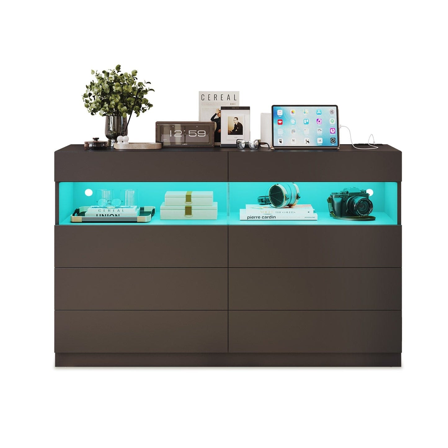 HAUOMS Dresser Black / Engineered Wood / Modern LED Dresser 6 Drawers Black