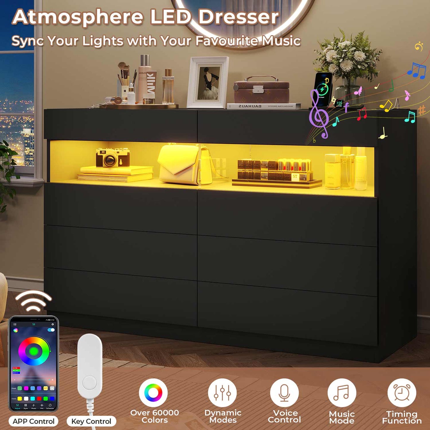 Hauoms Dresser Black / Engineered Wood / Modern LED Dresser 6 Drawers Black