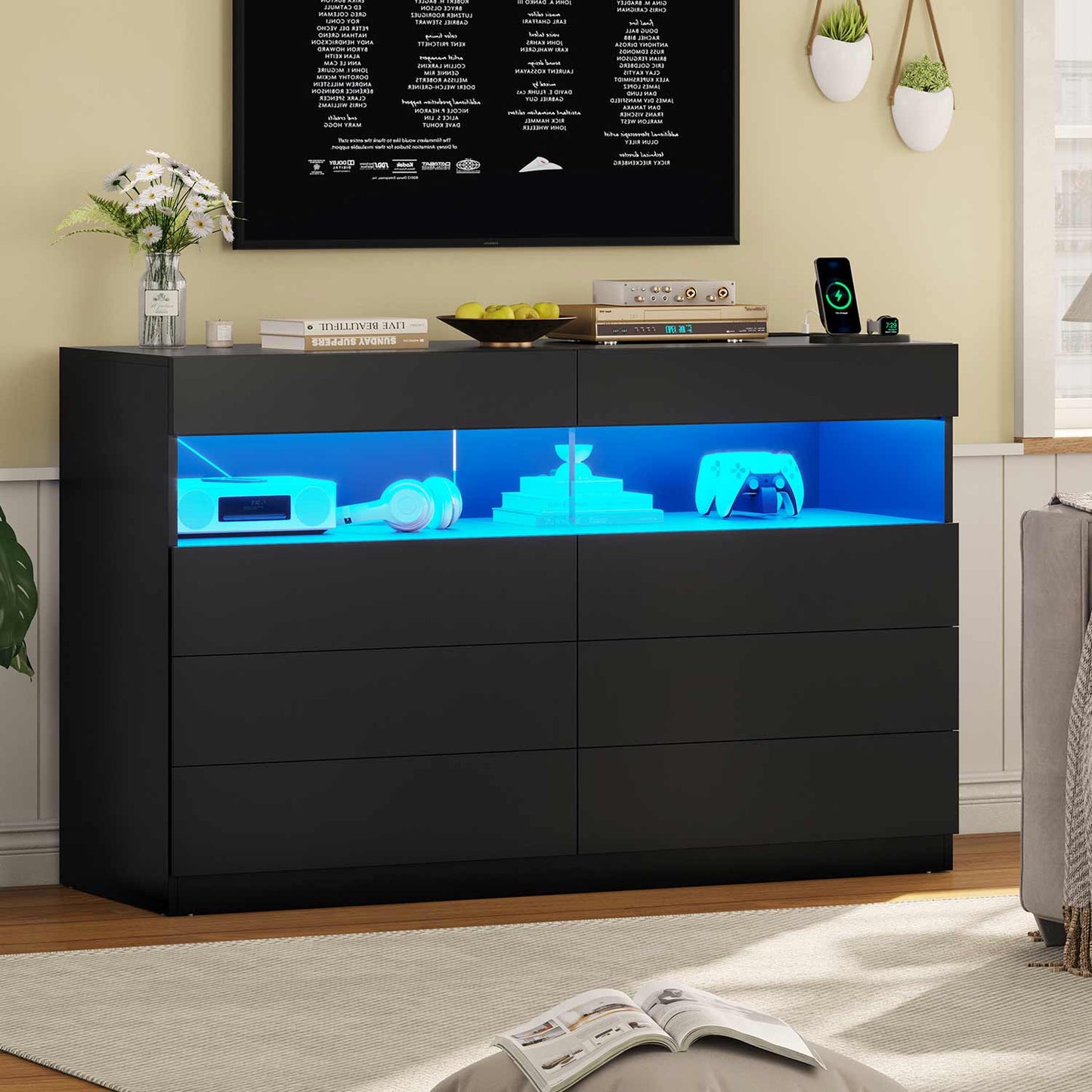 Hauoms Dresser Black / Engineered Wood / Modern LED Dresser 6 Drawers Black