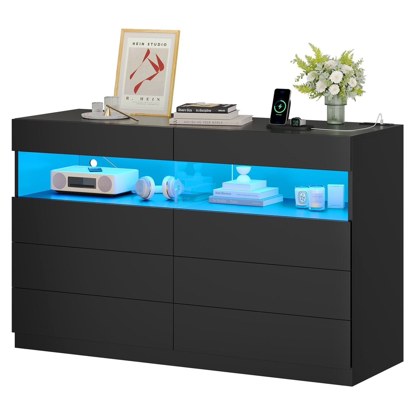 Hauoms Dresser Black / Engineered Wood / Modern LED Dresser 6 Drawers Black