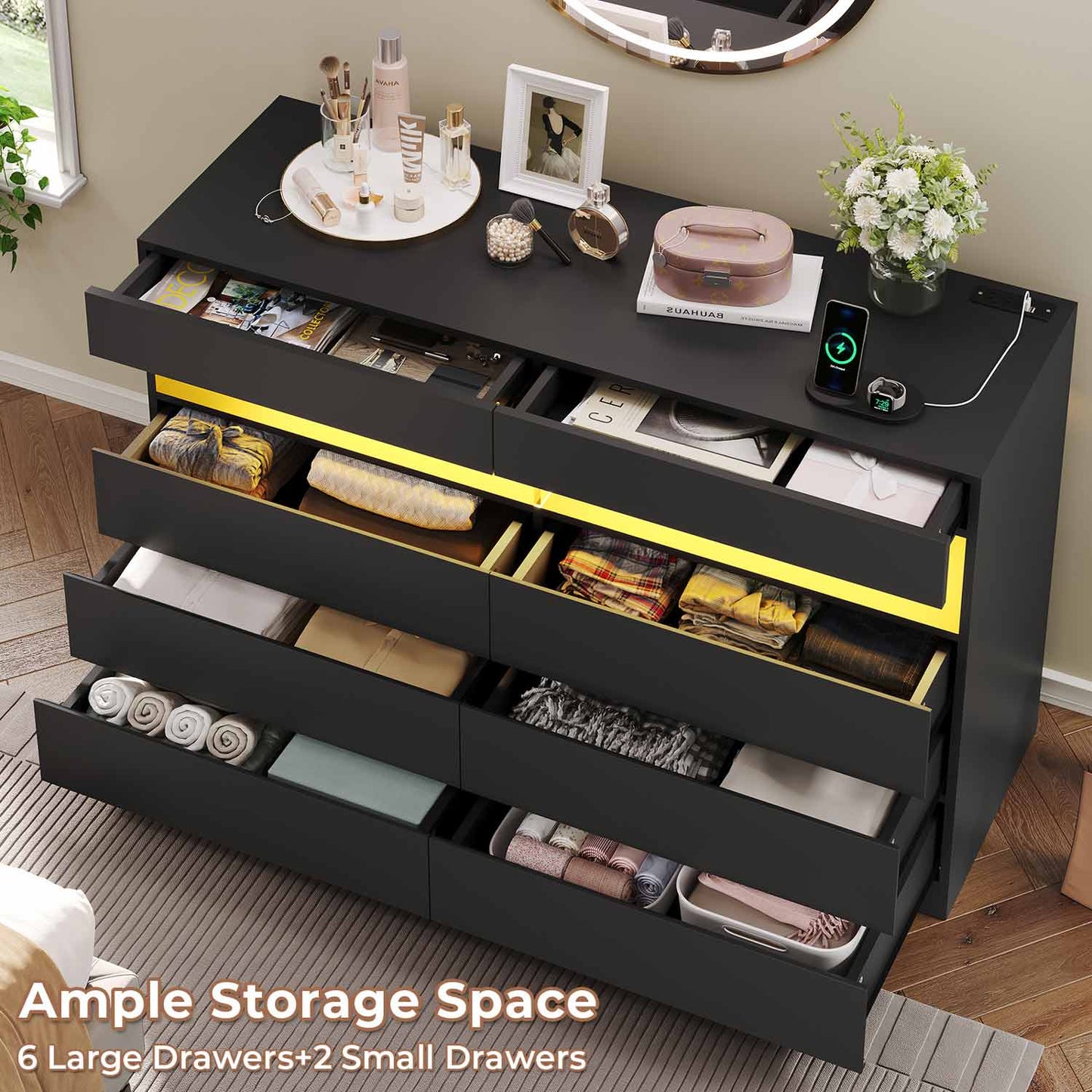 Hauoms Dresser Black / Engineered Wood / Modern LED Dresser 6 Drawers Black