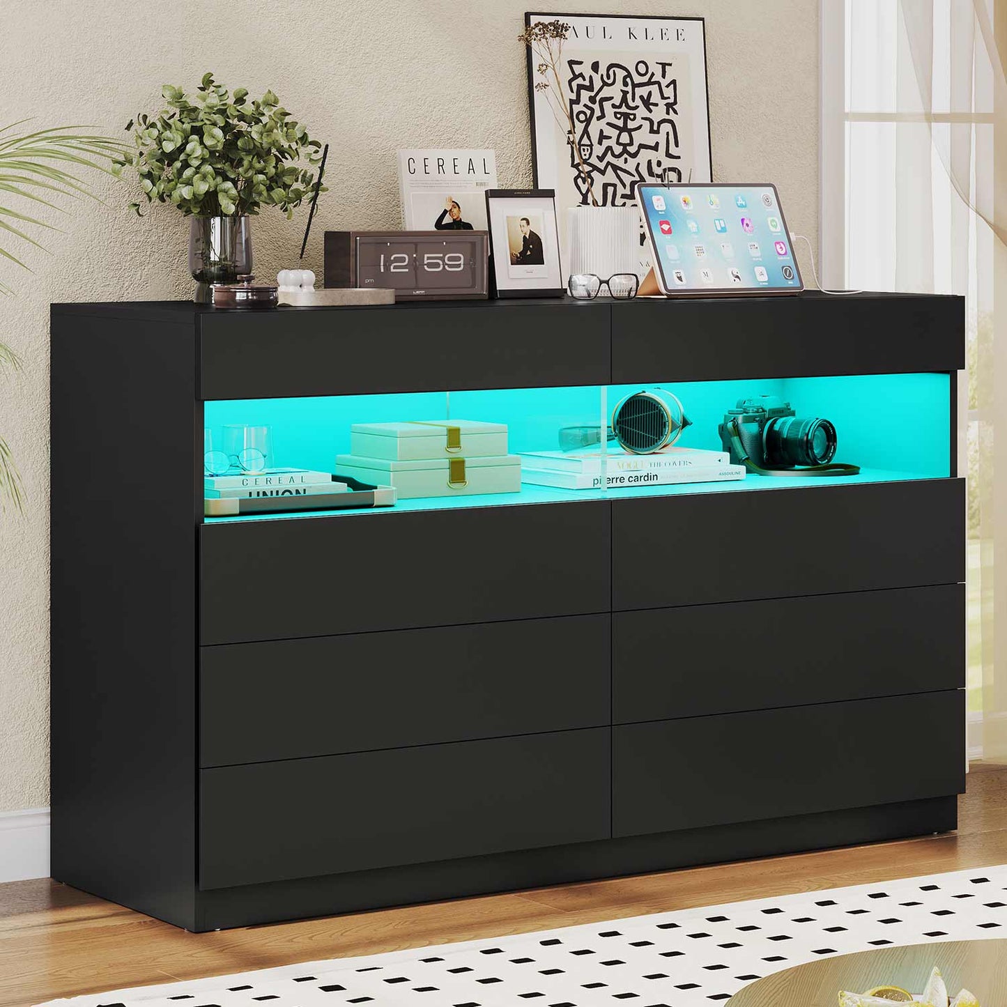 Hauoms Dresser Black / Engineered Wood / Modern LED Dresser 6 Drawers Black