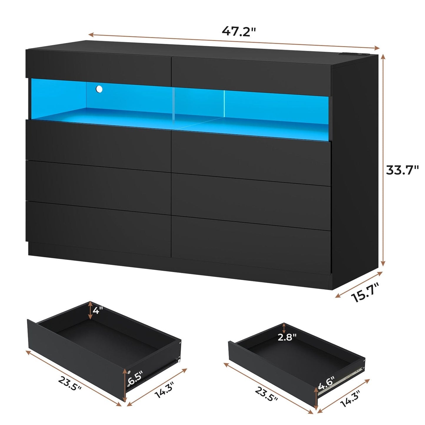 Hauoms Dresser Black / Engineered Wood / Modern LED Dresser 6 Drawers Black