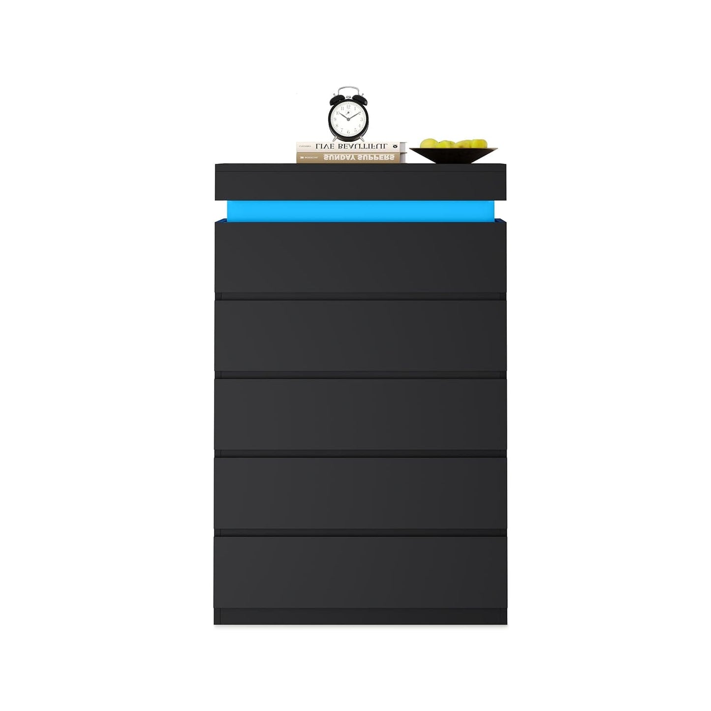 HAUOMS Dresser Black Tall 5 Drawers Dresser with LED Lights Black