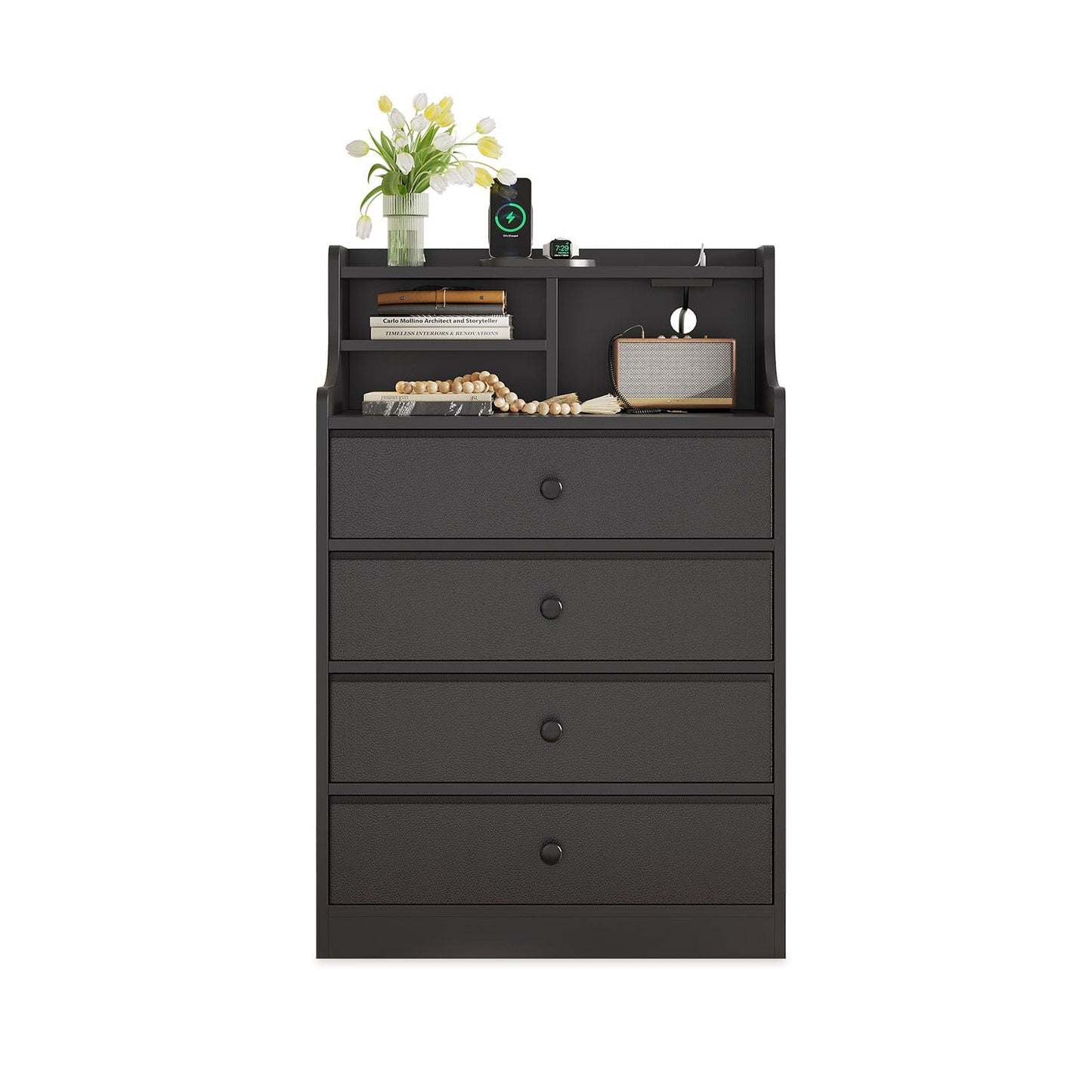 HAUOMS Dresser Black Tall Dresser with 4 Drawers Black