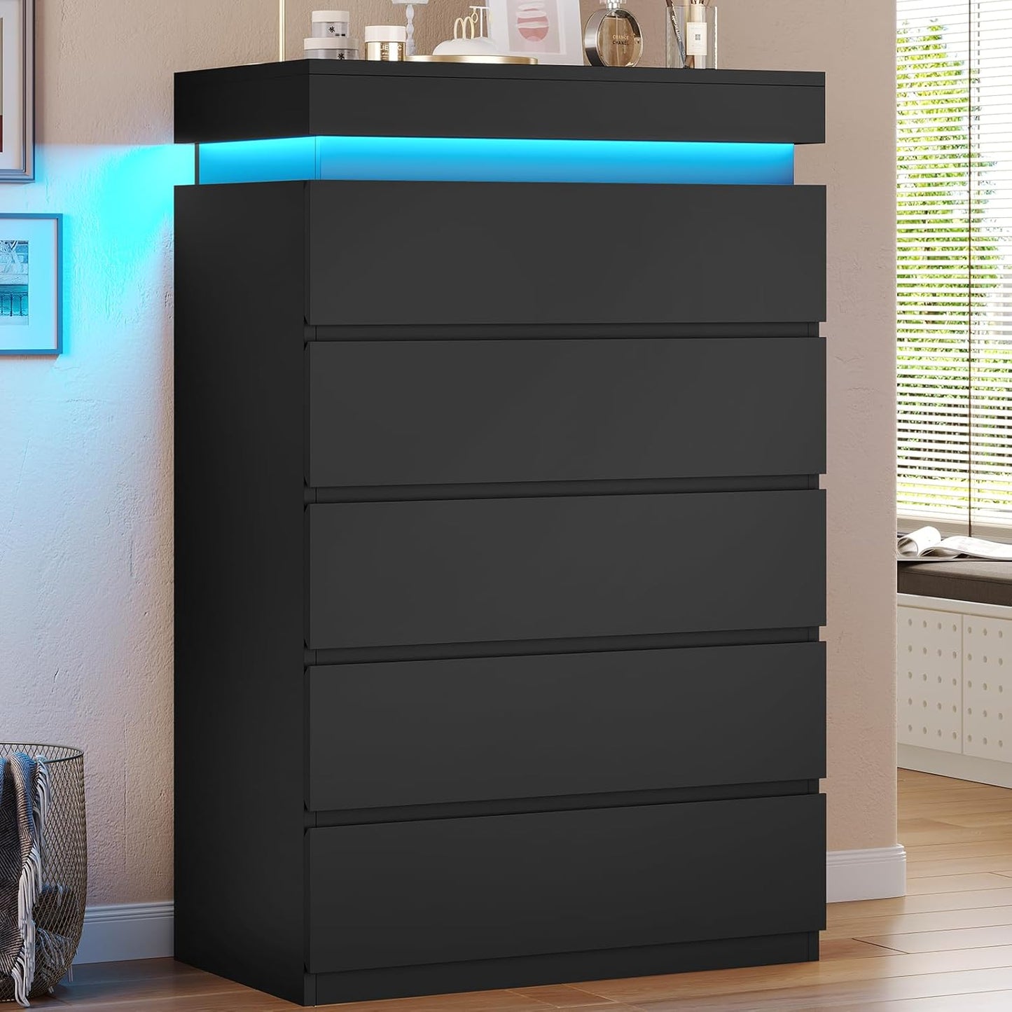HAUOMS Dresser Tall 5 Drawers Dresser with LED Light Black