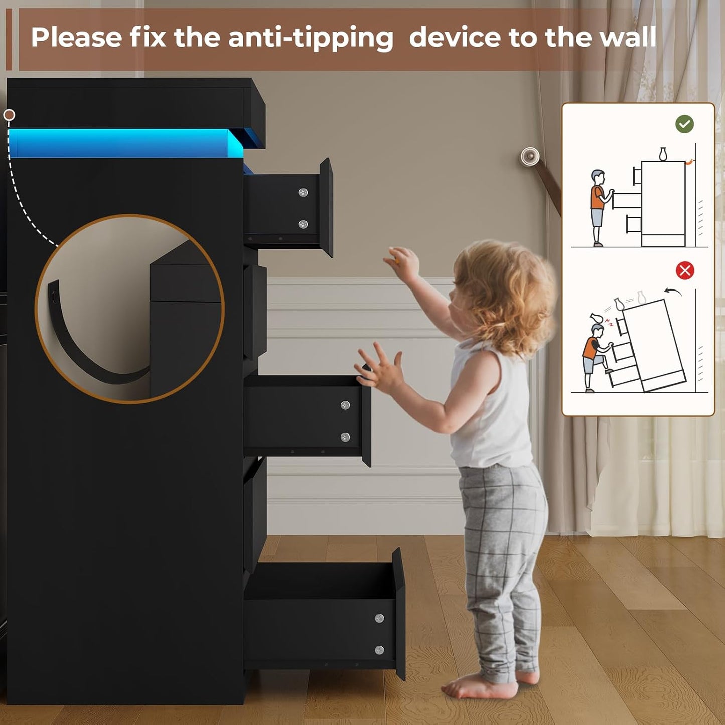 HAUOMS Dresser Tall 5 Drawers Dresser with LED Light Black