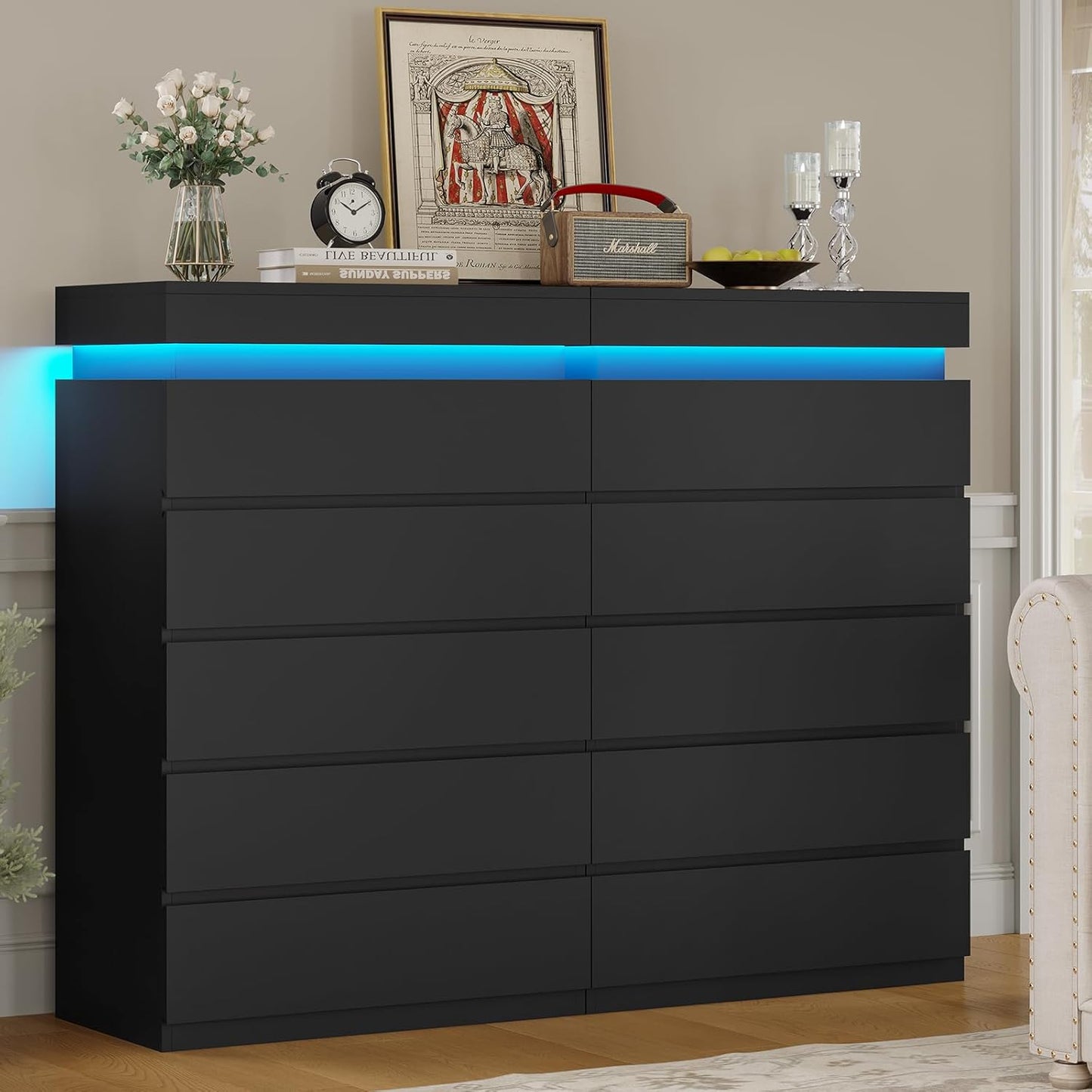 HAUOMS Dresser Tall 5 Drawers Dresser with LED Light Black