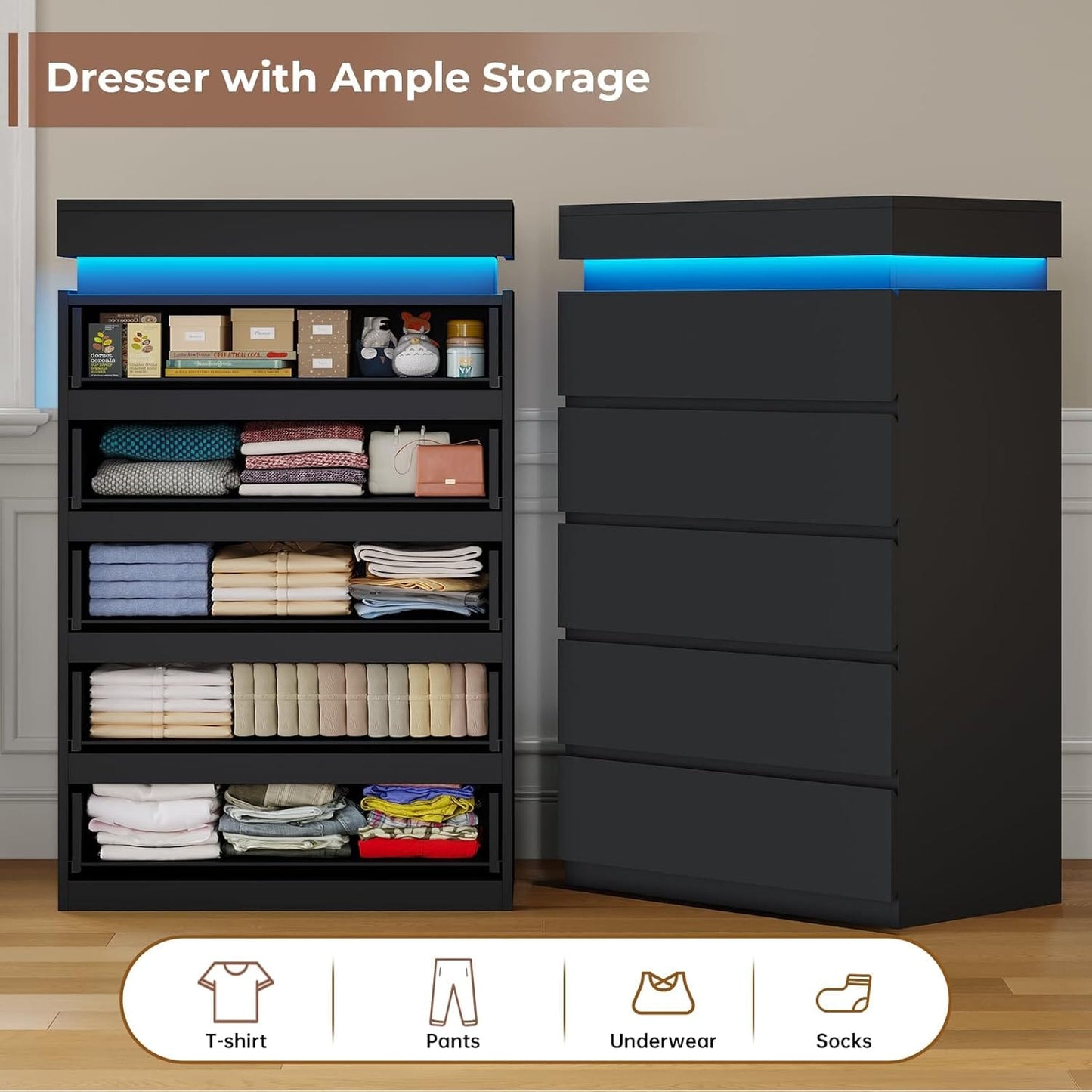HAUOMS Dresser Tall 5 Drawers Dresser with LED Light Black