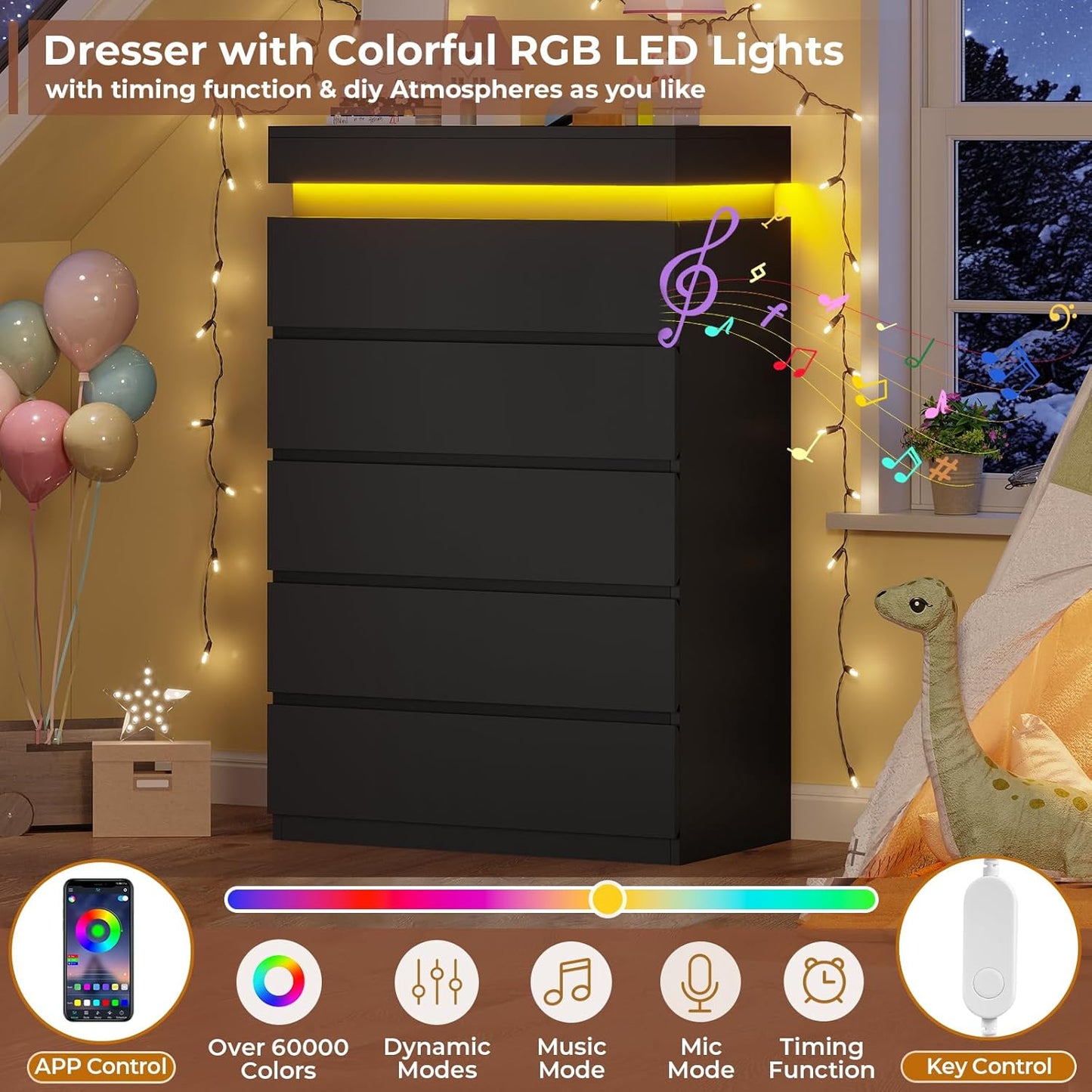 HAUOMS Dresser Tall 5 Drawers Dresser with LED Light Black