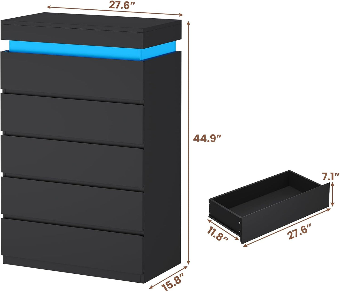 HAUOMS Dresser Tall 5 Drawers Dresser with LED Light Black