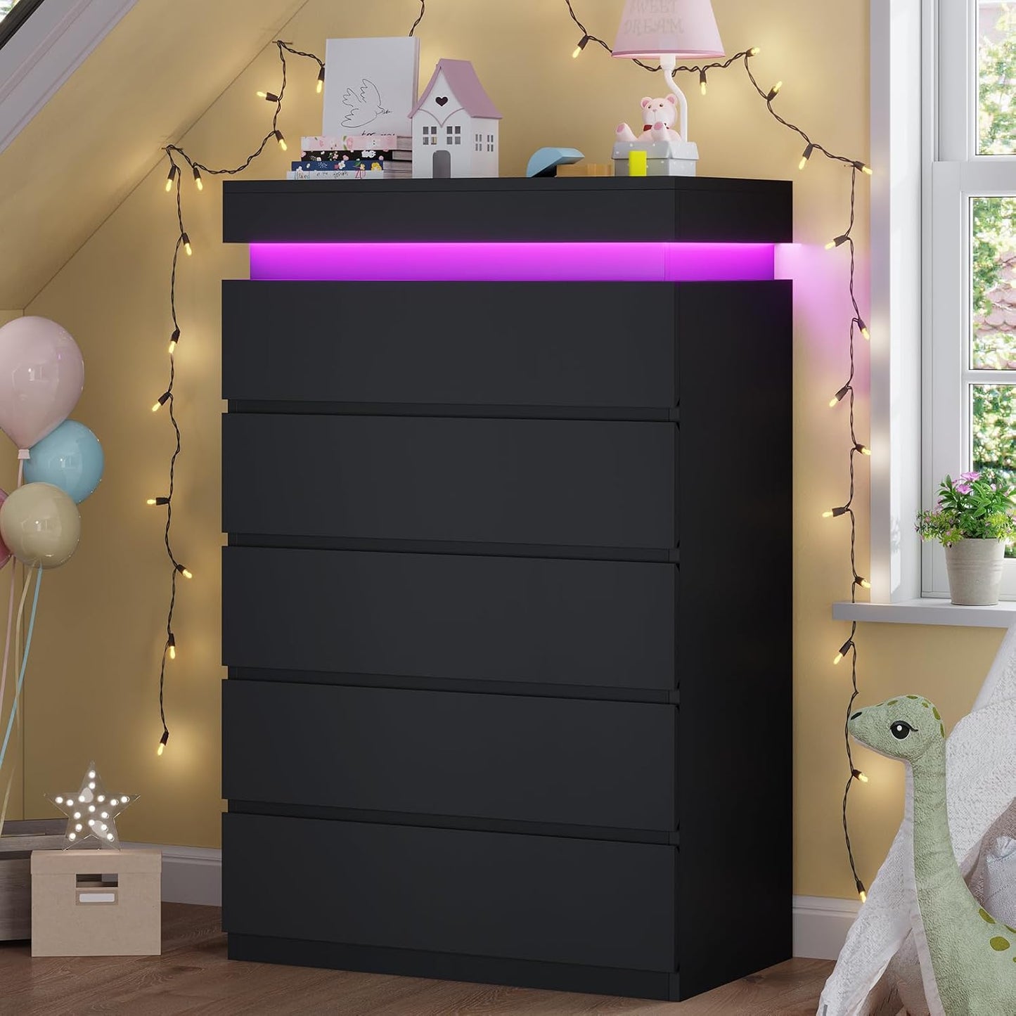 HAUOMS Dresser Tall 5 Drawers Dresser with LED Light Black