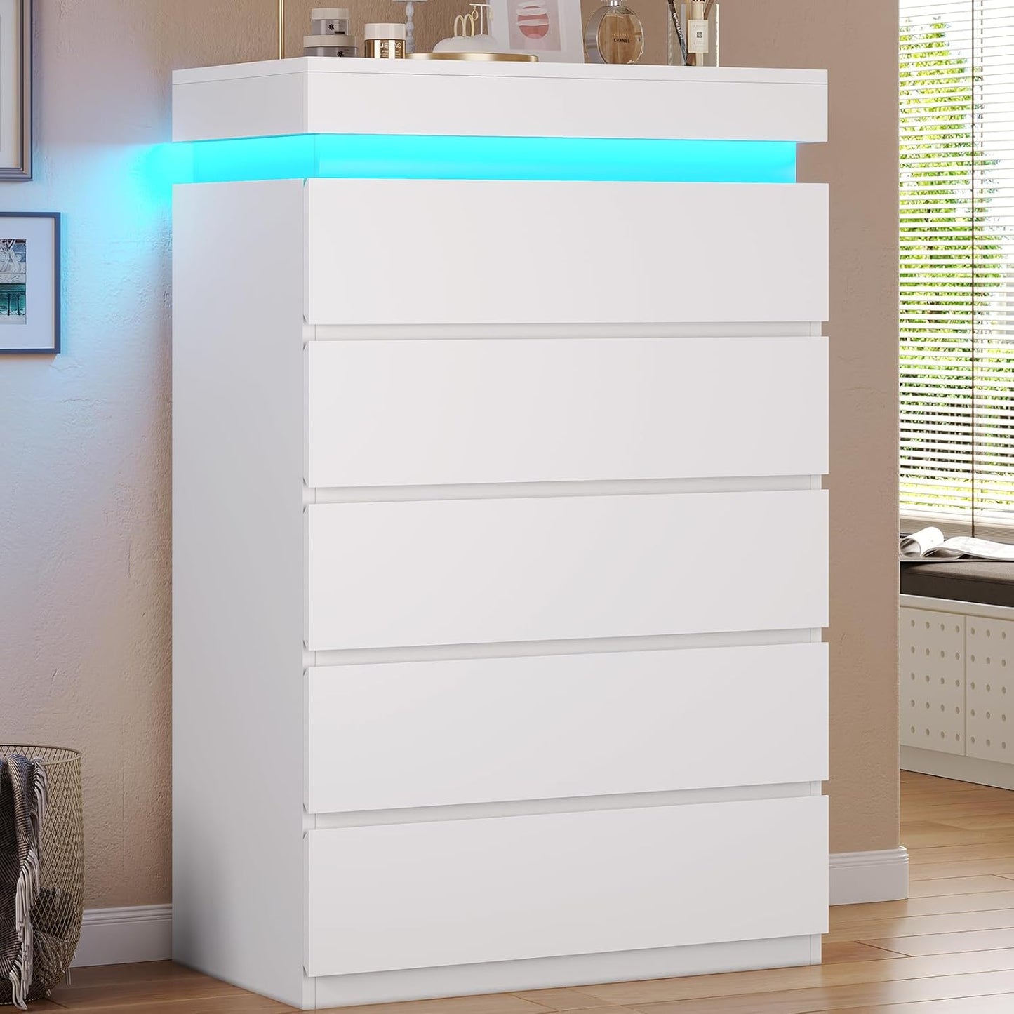 HAUOMS Dresser Tall 5 Drawers Dresser with LED Light White