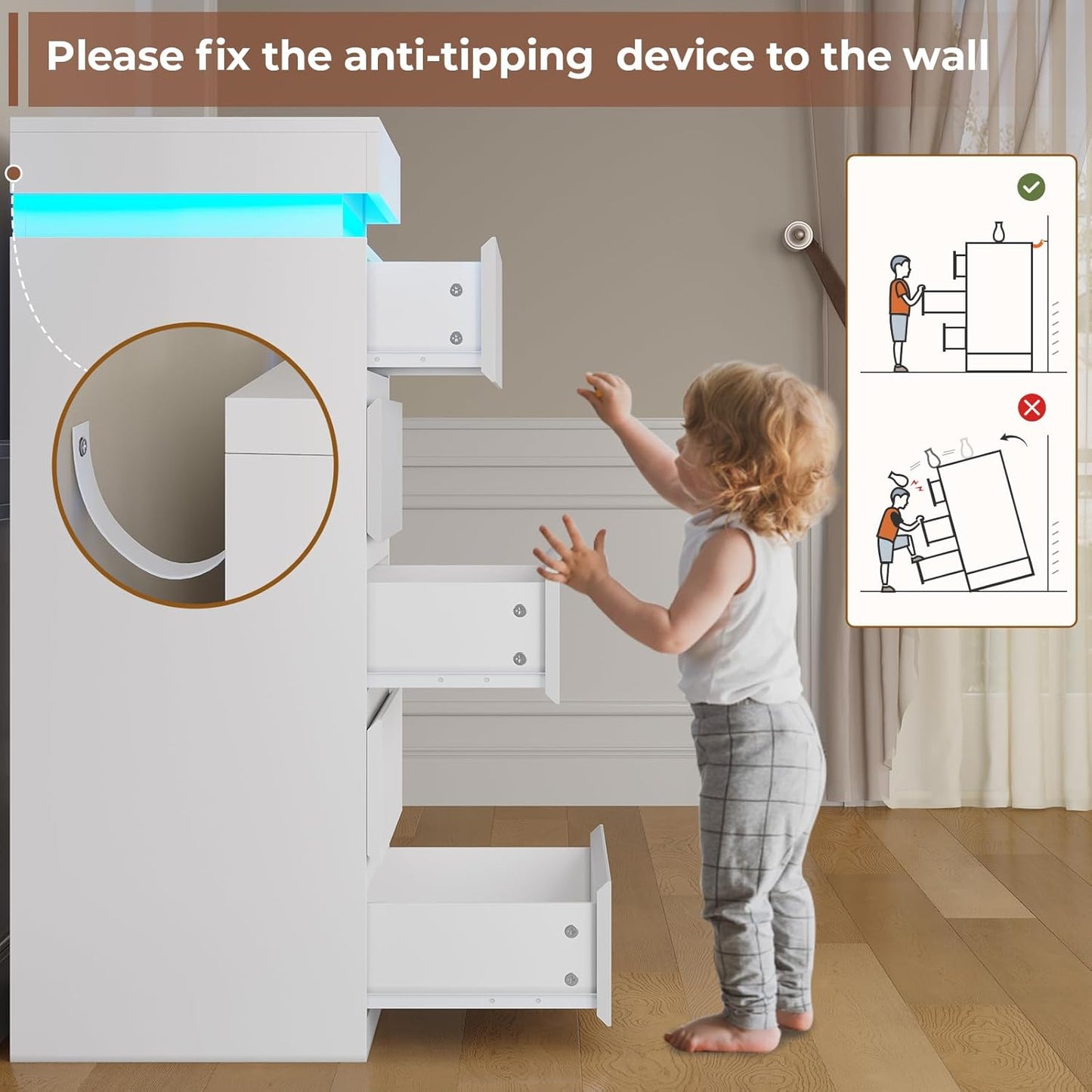 HAUOMS Dresser Tall 5 Drawers Dresser with LED Light White