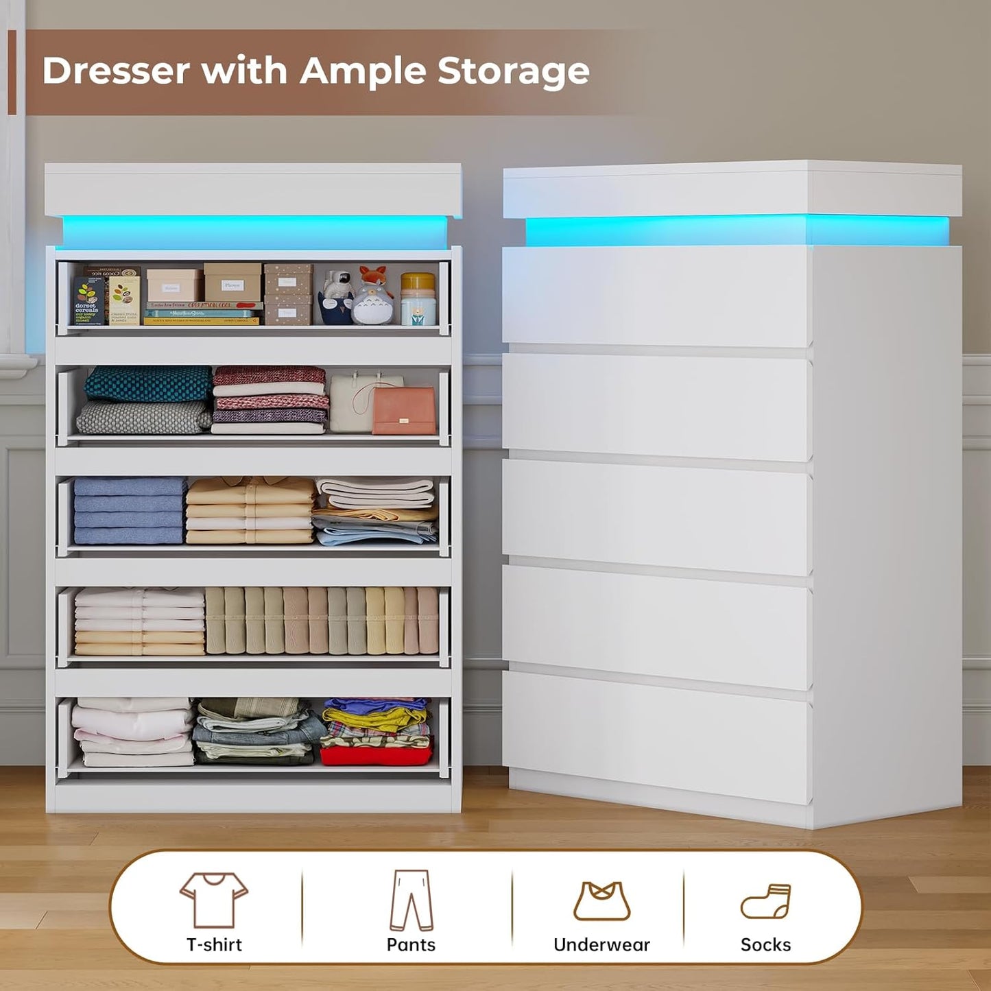 HAUOMS Dresser Tall 5 Drawers Dresser with LED Light White
