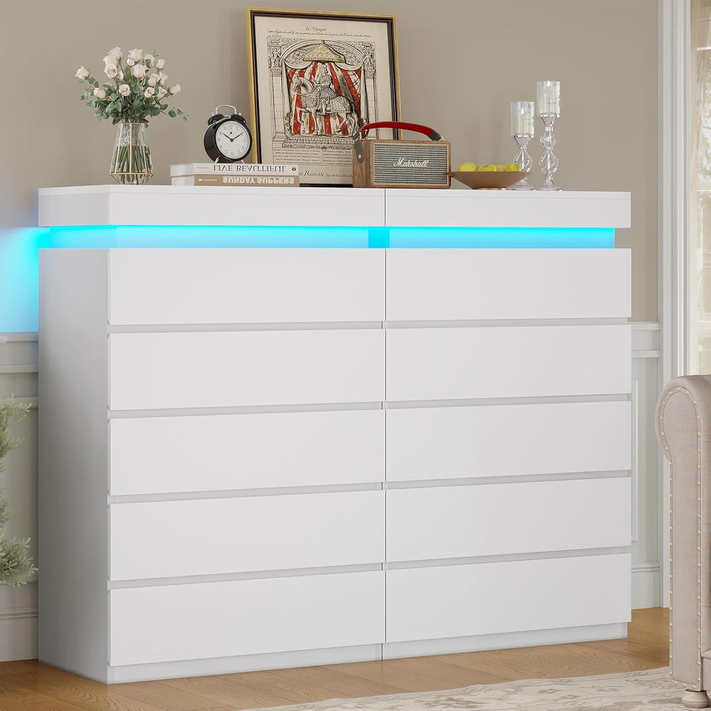 HAUOMS Dresser Tall 5 Drawers Dresser with LED Light White