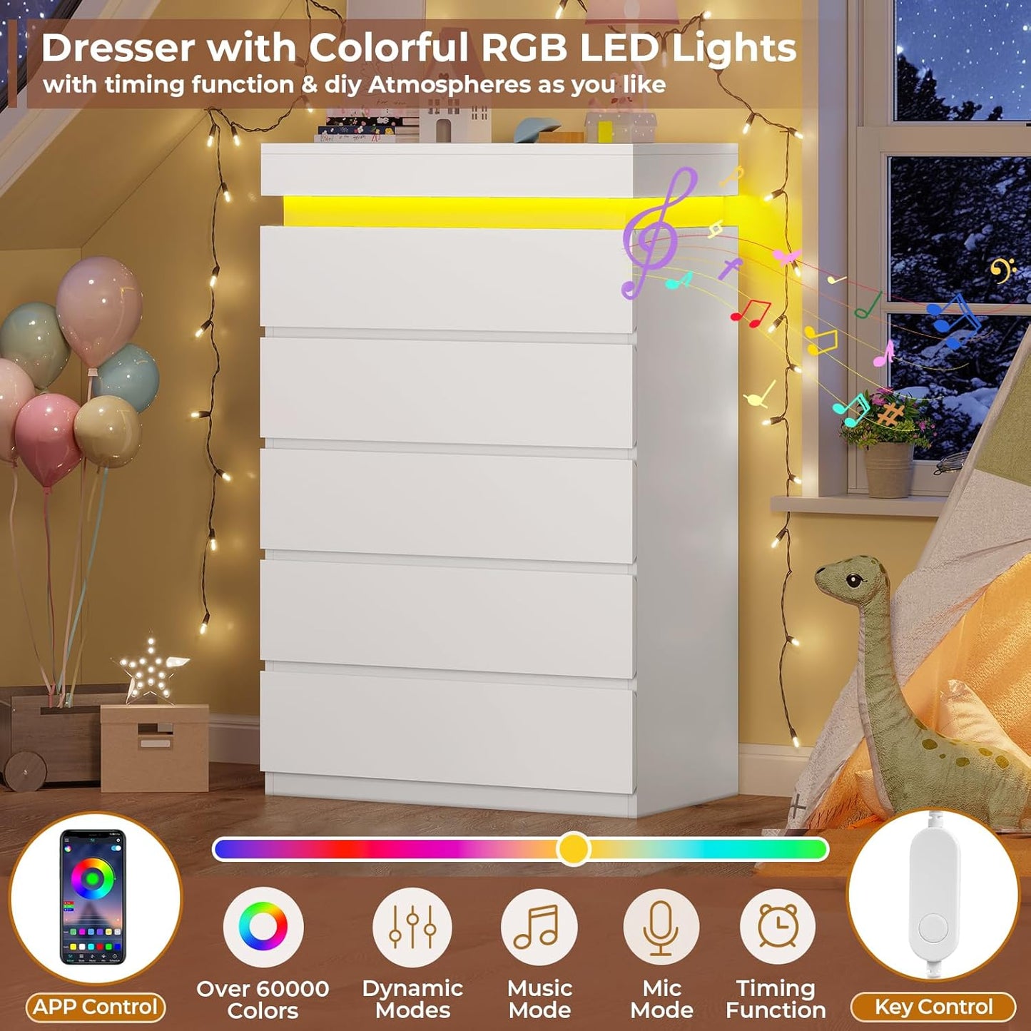 HAUOMS Dresser Tall 5 Drawers Dresser with LED Light White