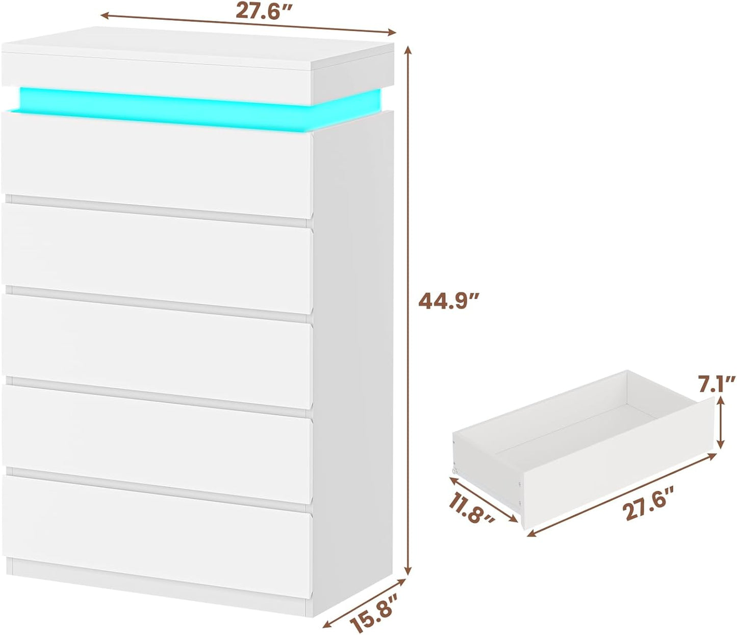 HAUOMS Dresser Tall 5 Drawers Dresser with LED Light White