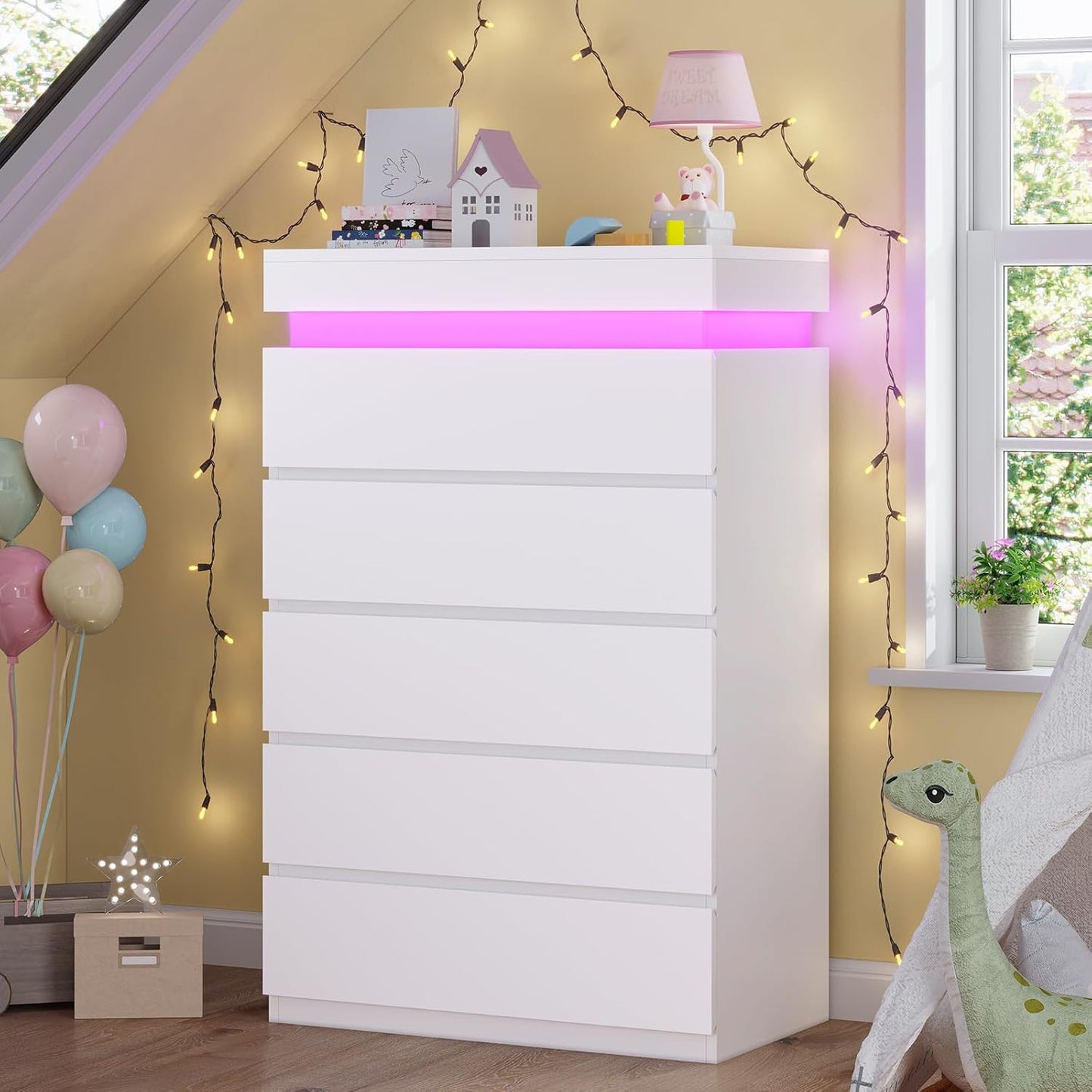 HAUOMS Dresser Tall 5 Drawers Dresser with LED Light White